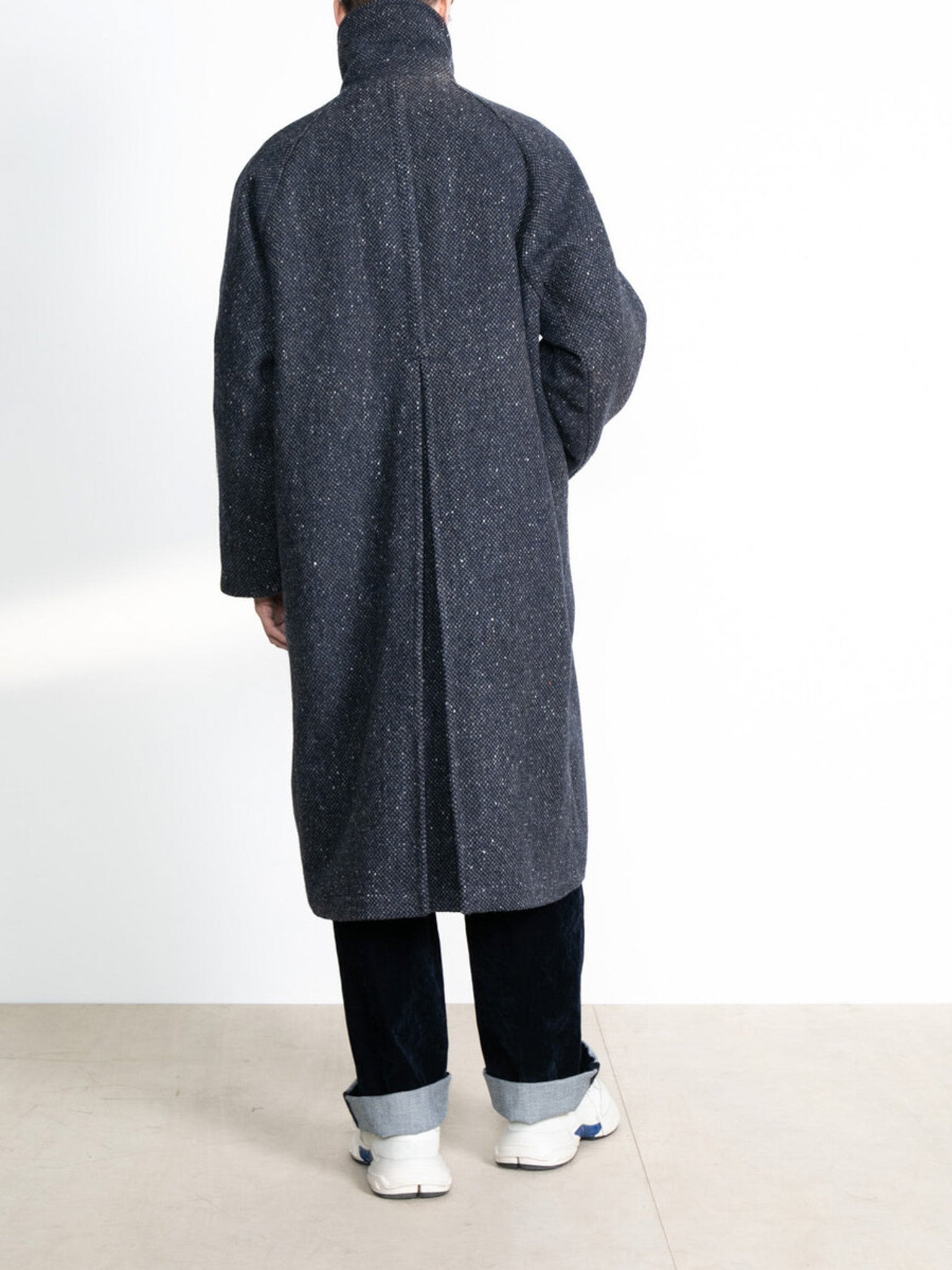 Namu Shop - Document Donegal Tweed Inverted Pleats Balmacaan Coat - Navy