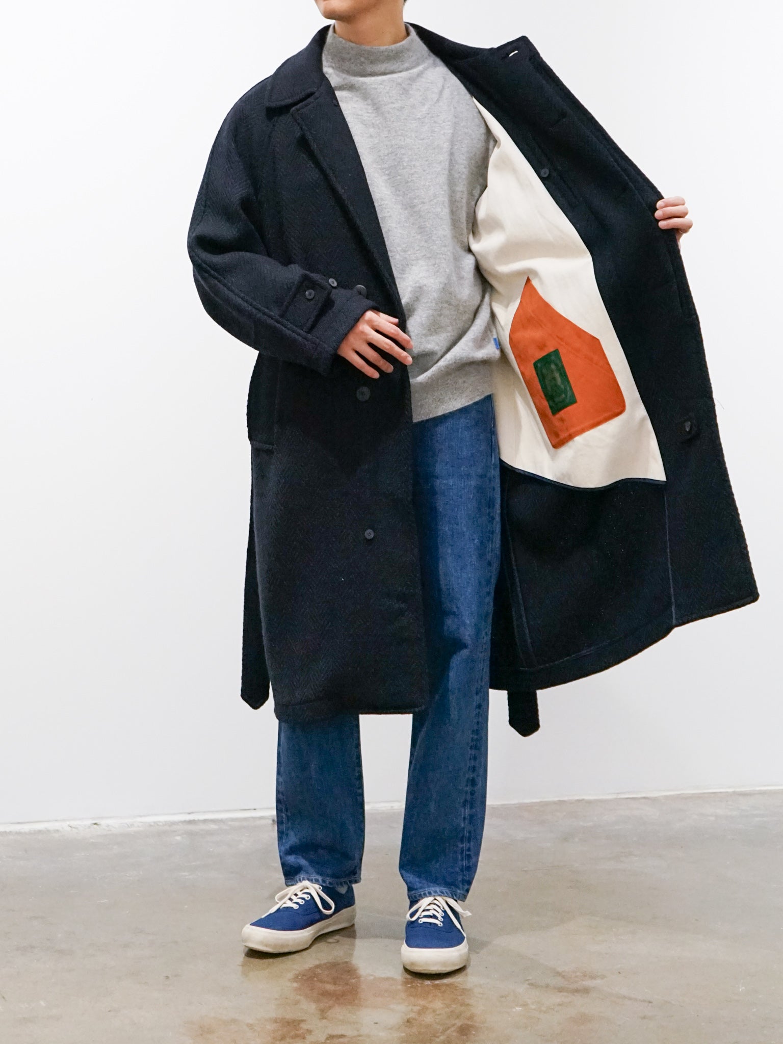 Namu Shop - Document Donegal Tweed Oversized Balmacaan Coat - Navy