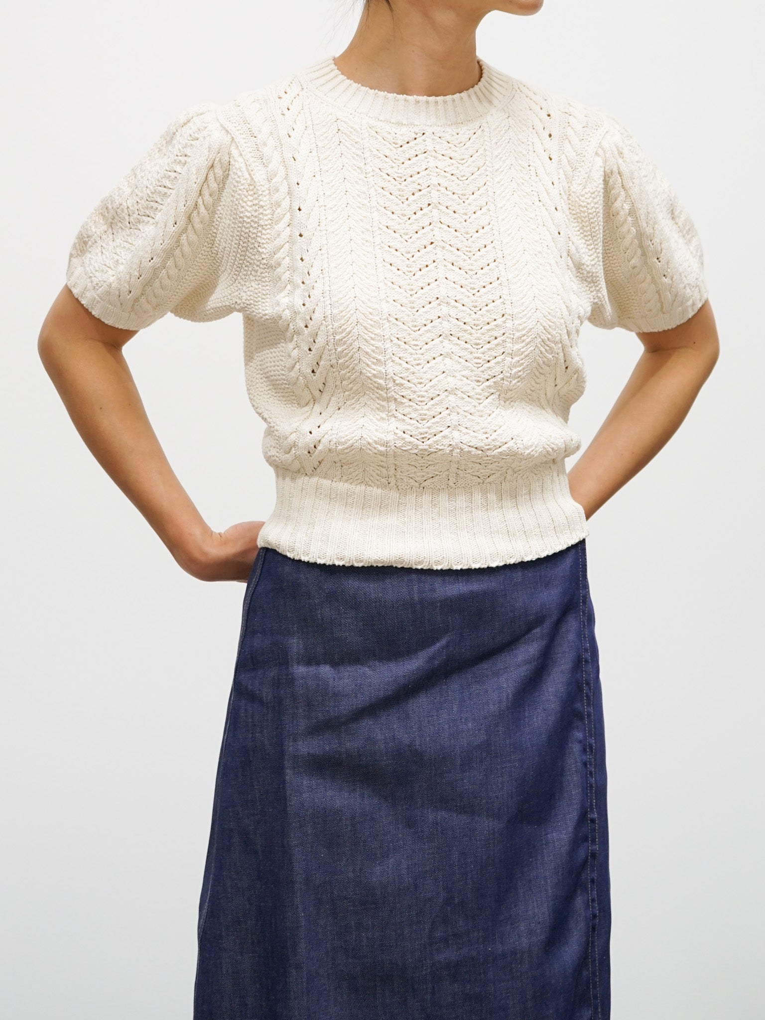 Namu Shop - Unfil Open Work Cable Knit Sweater - Milk