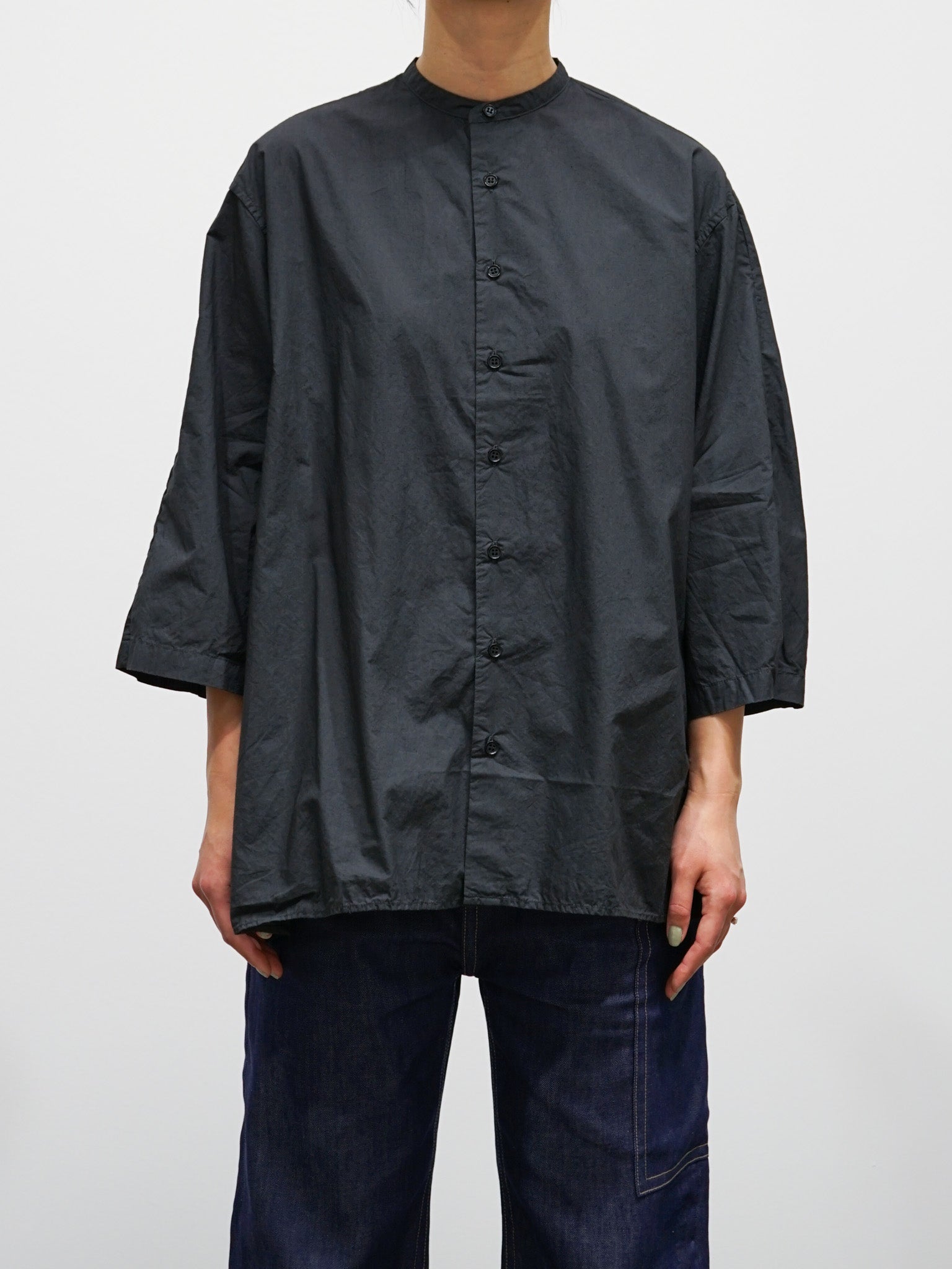 Namu Shop - Veritecoeur Band Collar Gather Back Shirt - Blue