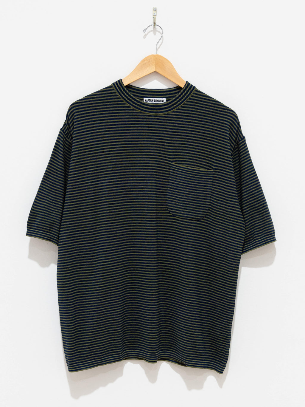 Namu Shop - Kaptain Sunshine Crewneck Knit Border Pocket Tee - Green/Navy