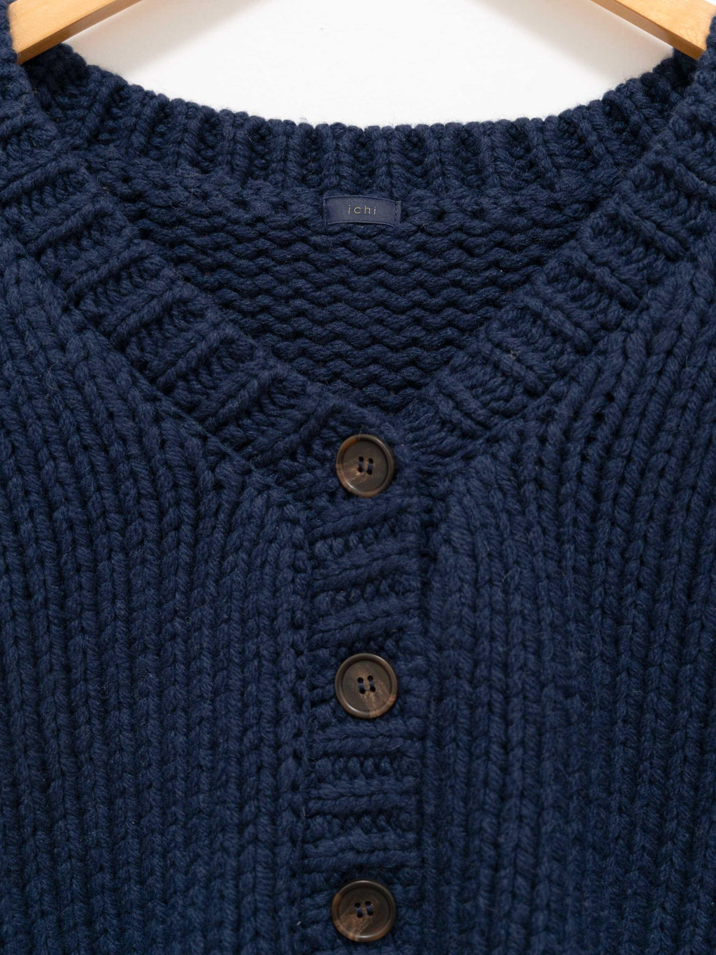 Namu Shop - Ichi Antiquites Chunky Wool Cardigan - Navy x White