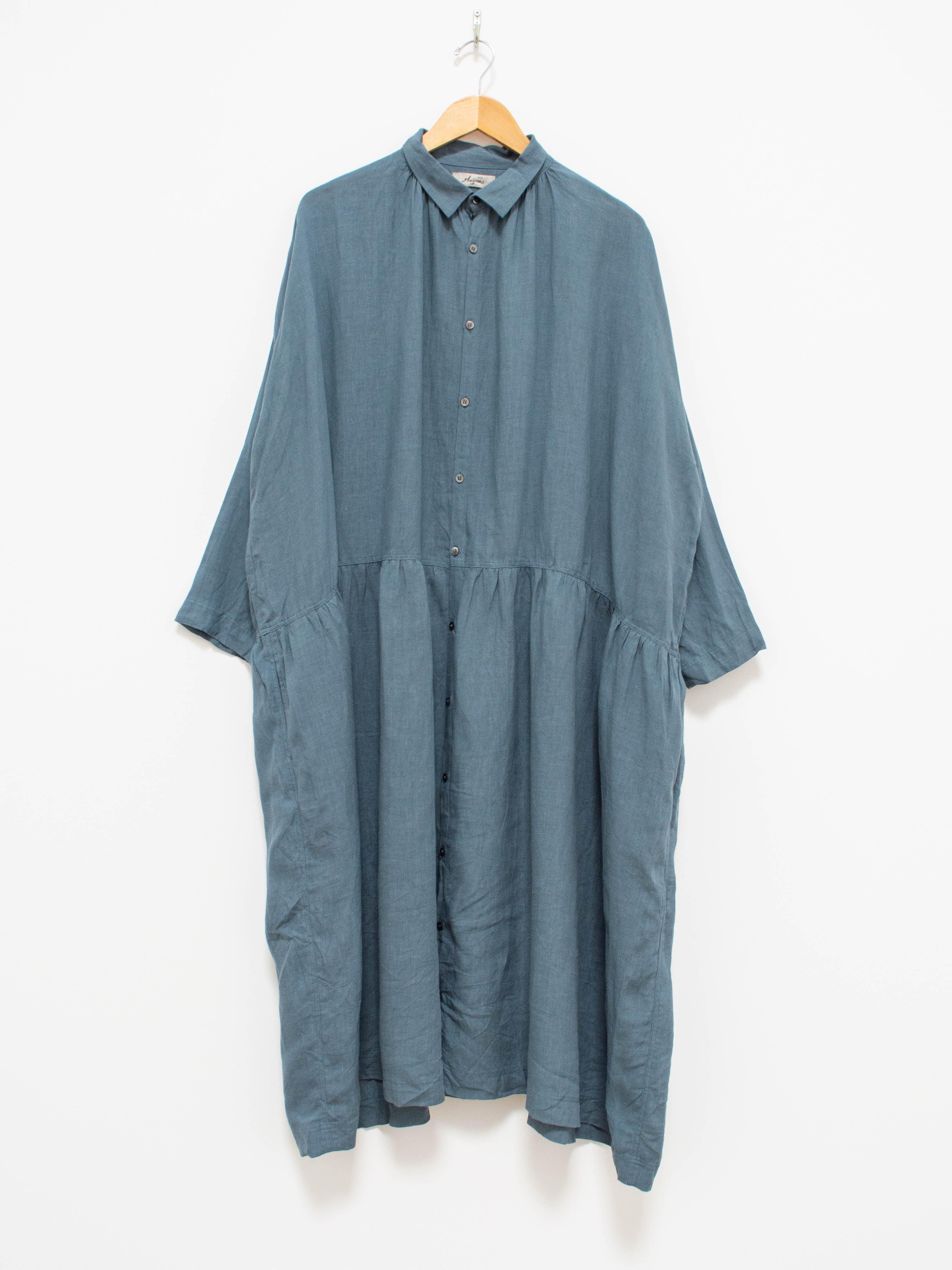Color Linen Gather Dress - Blue Color Linen Gather Dress - Blue