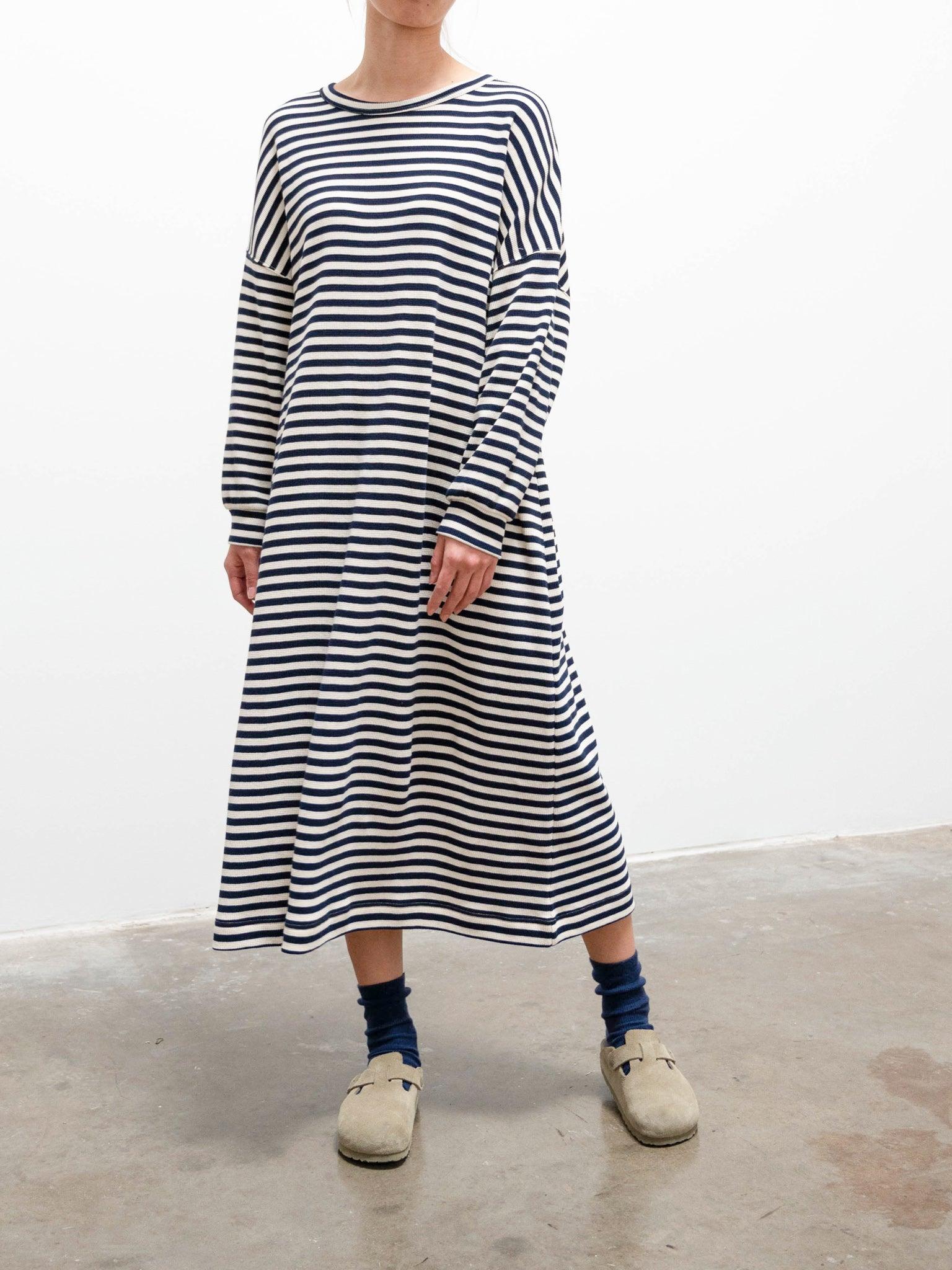 Cotton Waffle Knit Dress - Natural x Navy Cotton Waffle Knit Dress - Natural x Navy