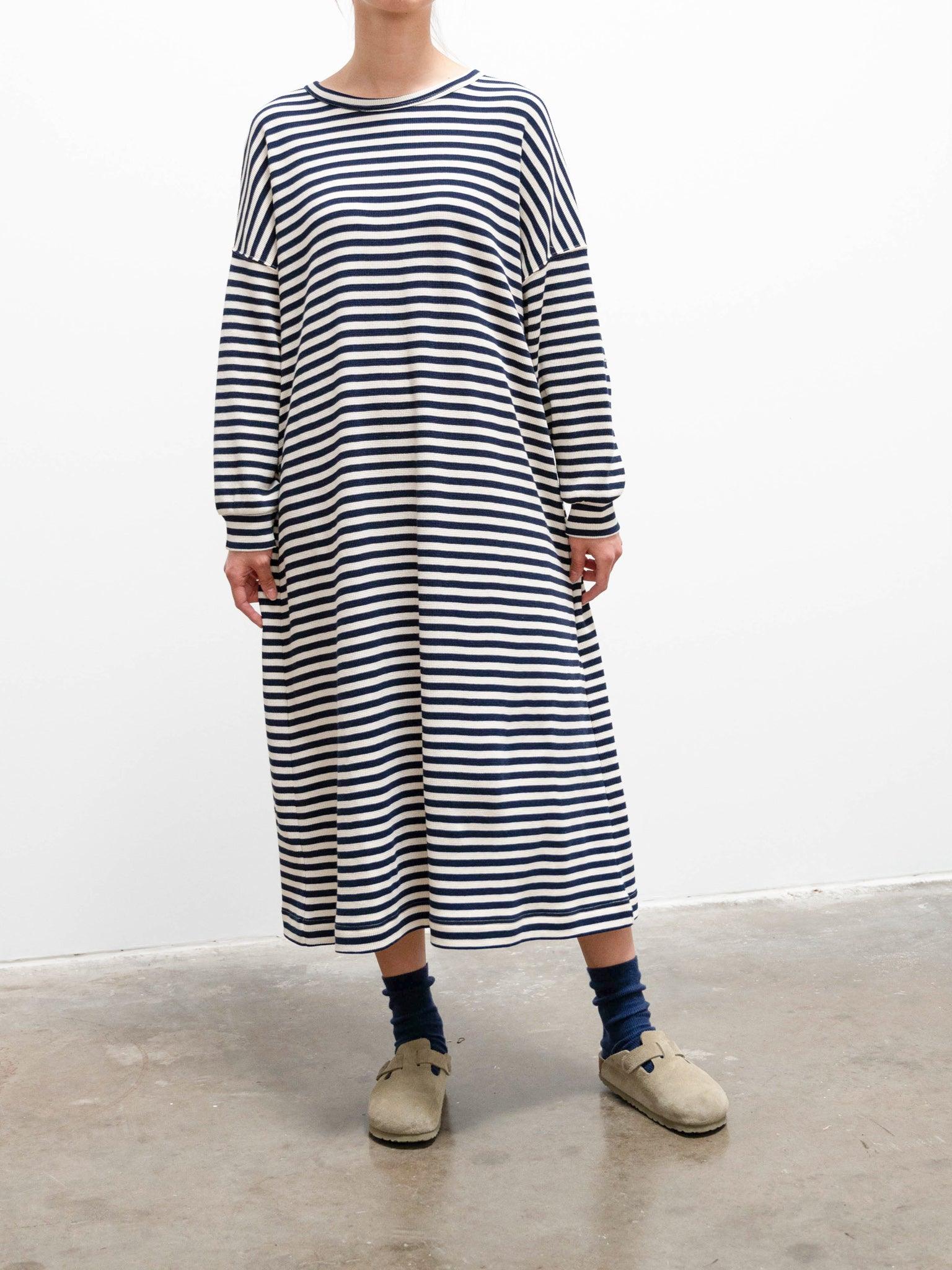 Cotton Waffle Knit Dress - Natural x Navy Cotton Waffle Knit Dress - Natural x Navy
