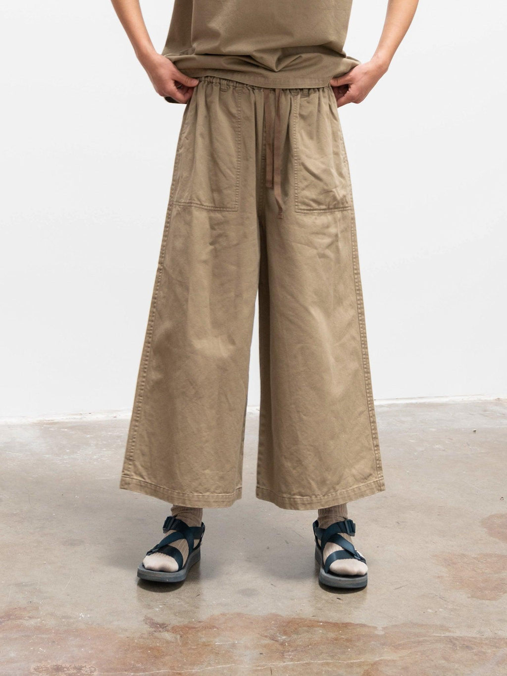 Namu Shop - Ichi Antiquites Drawstring Wide Leg Trousers - Beige Khaki