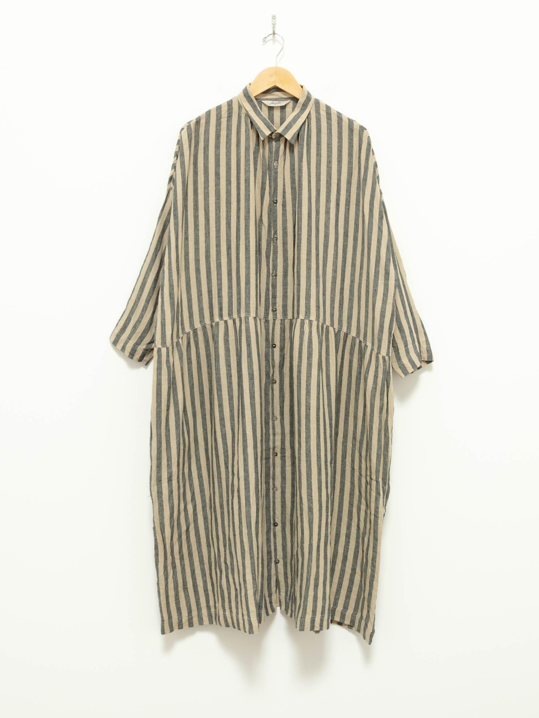 Namu Shop - Ichi Antiquites Linen Azumadaki Stripe Dress - Beige x Blue