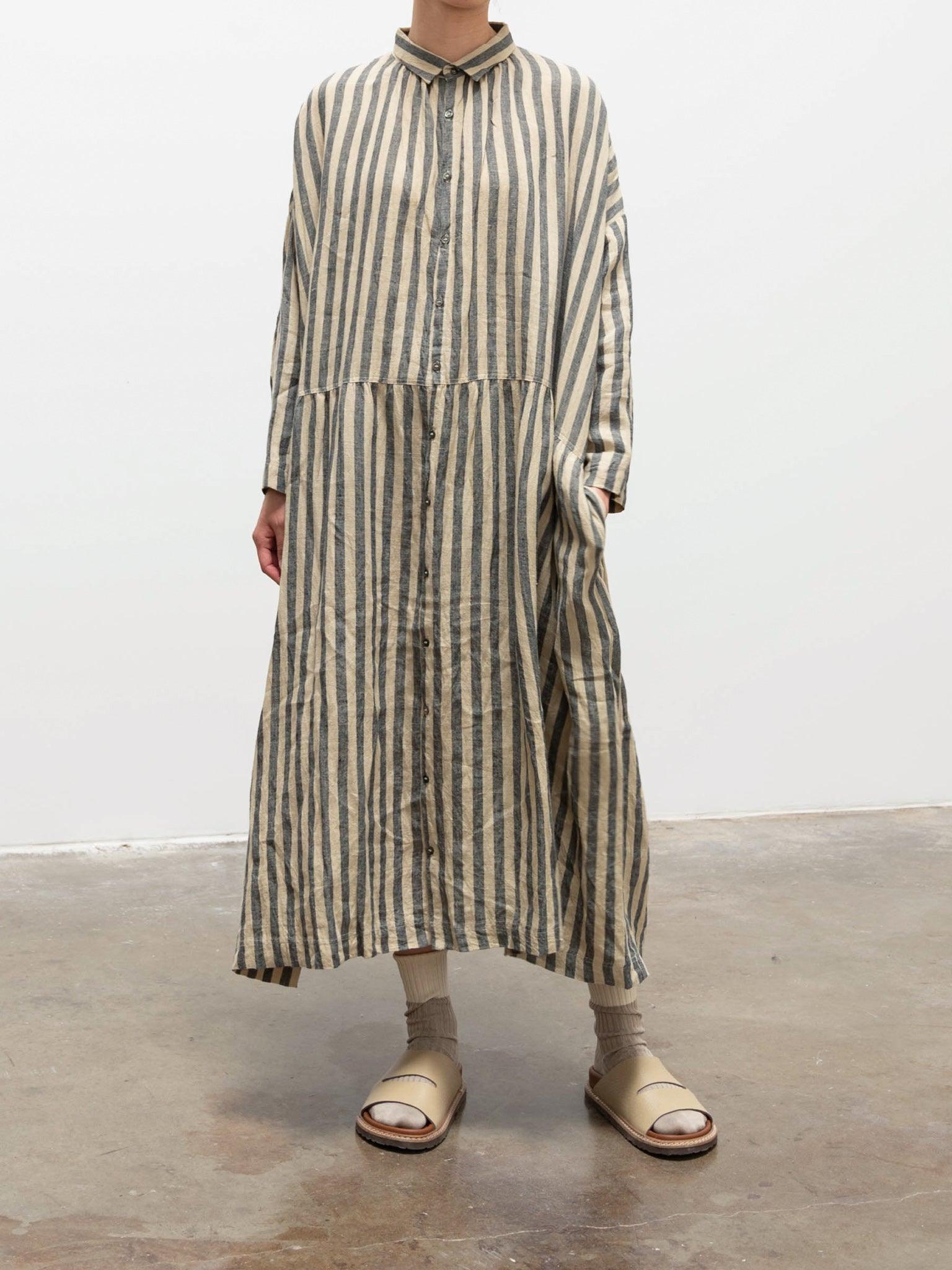 Namu Shop - Ichi Antiquites Linen Azumadaki Stripe Dress - Beige x Blue