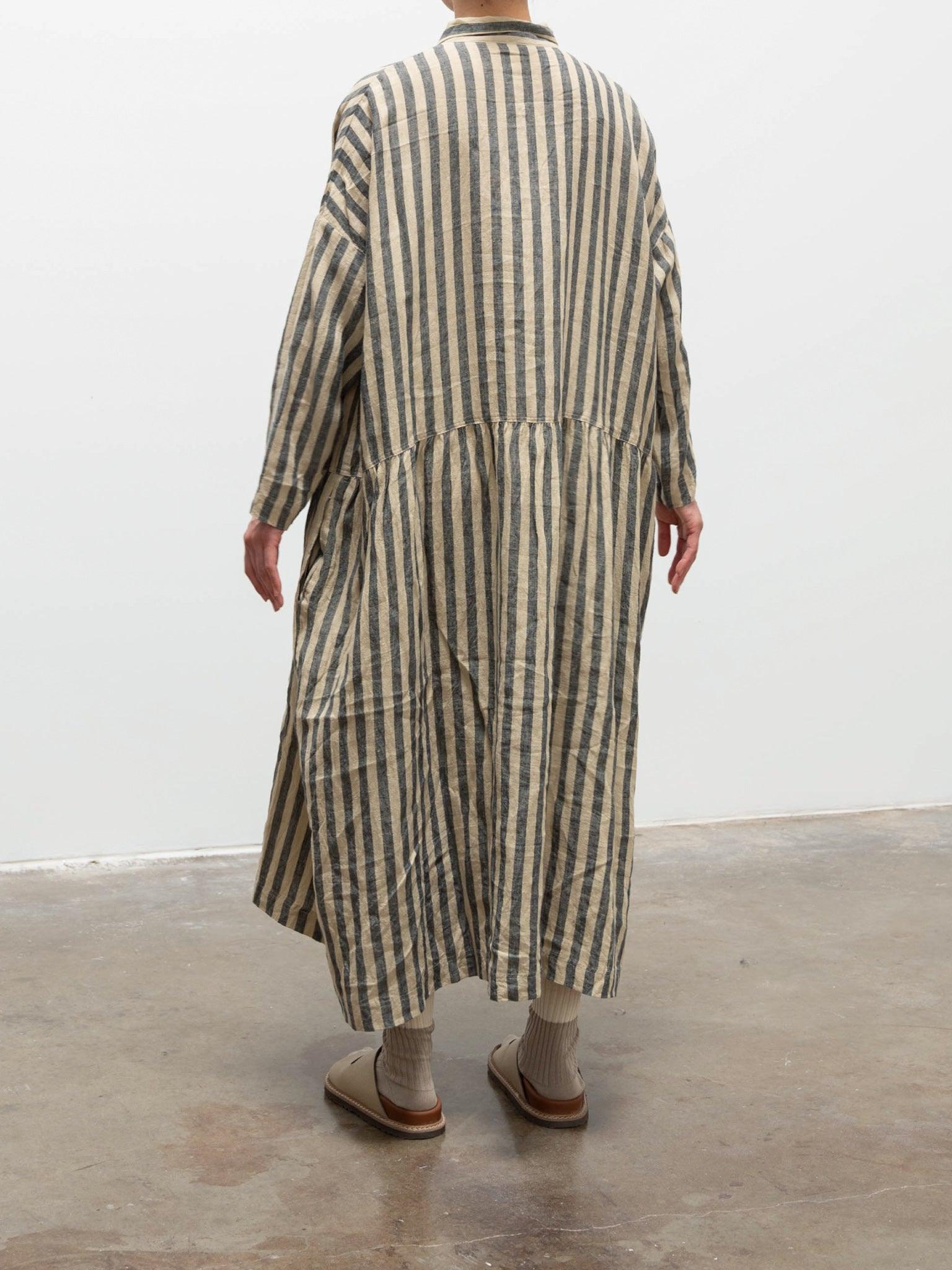 Namu Shop - Ichi Antiquites Linen Azumadaki Stripe Dress - Beige x Blue