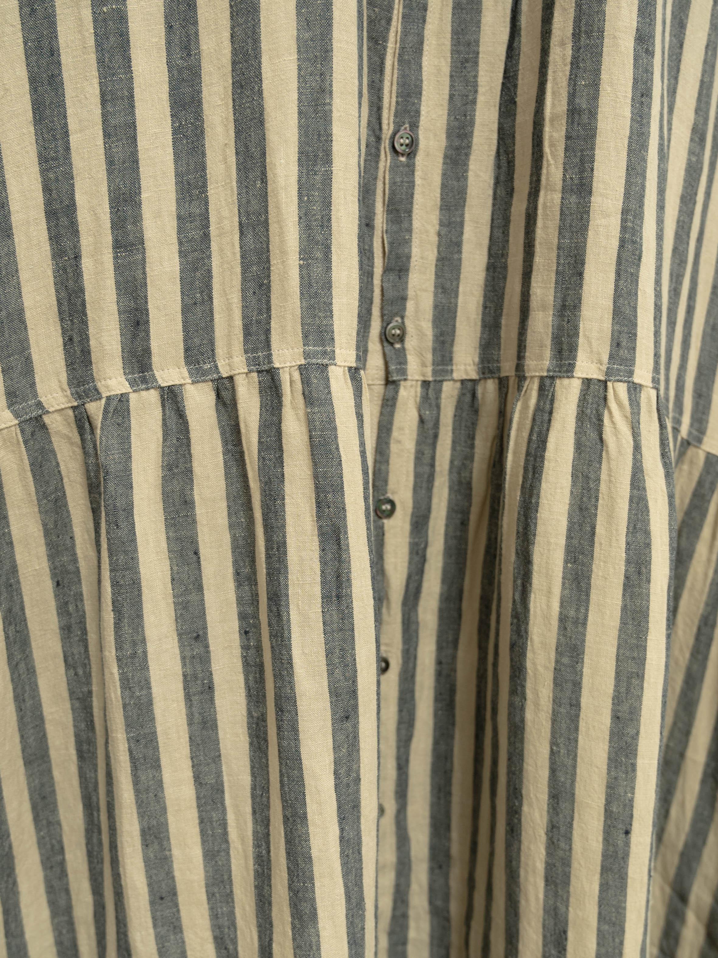 Namu Shop - Ichi Antiquites Linen Azumadaki Stripe Dress - Beige x Blue