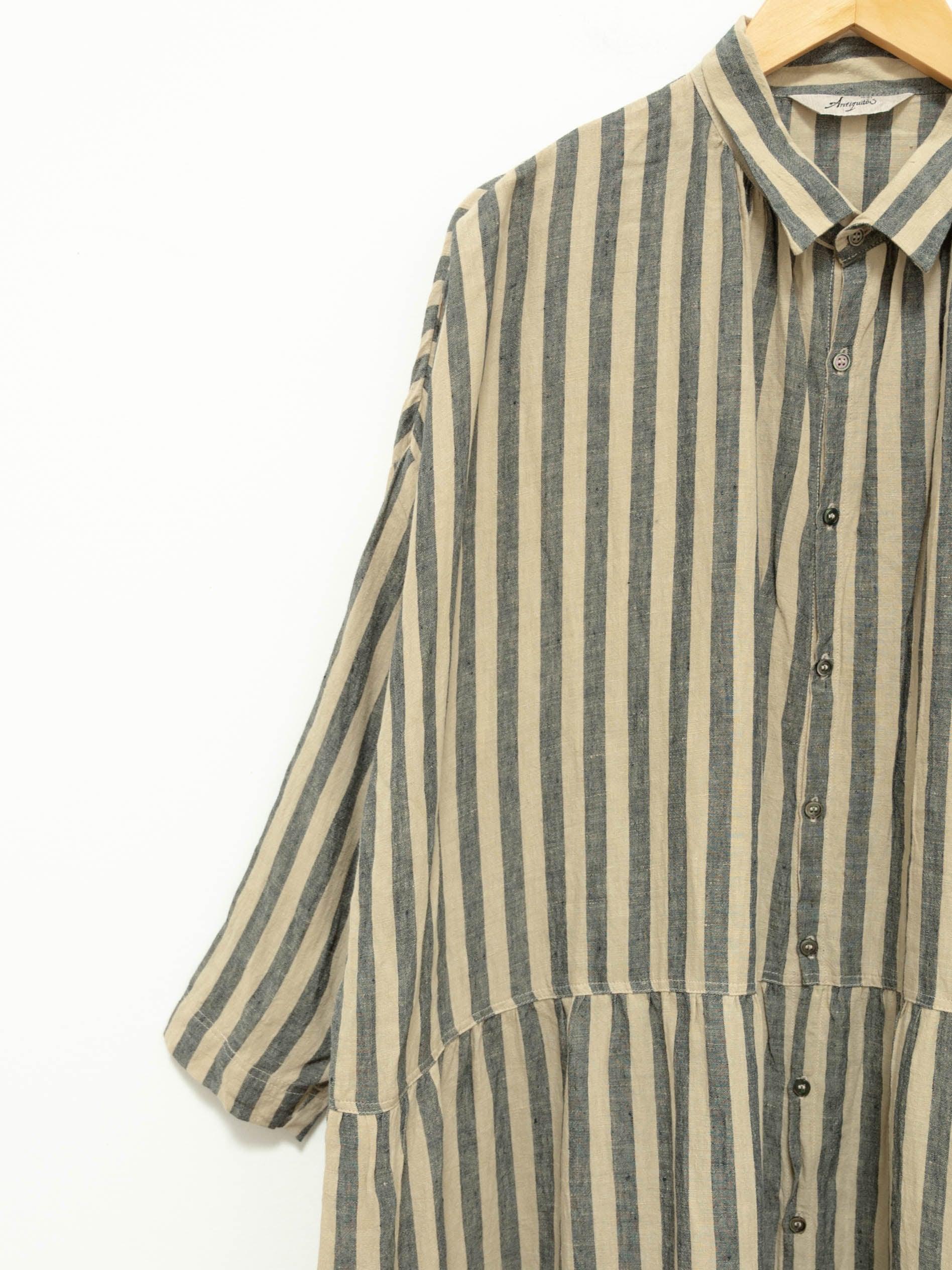 Namu Shop - Ichi Antiquites Linen Azumadaki Stripe Dress - Beige x Blue