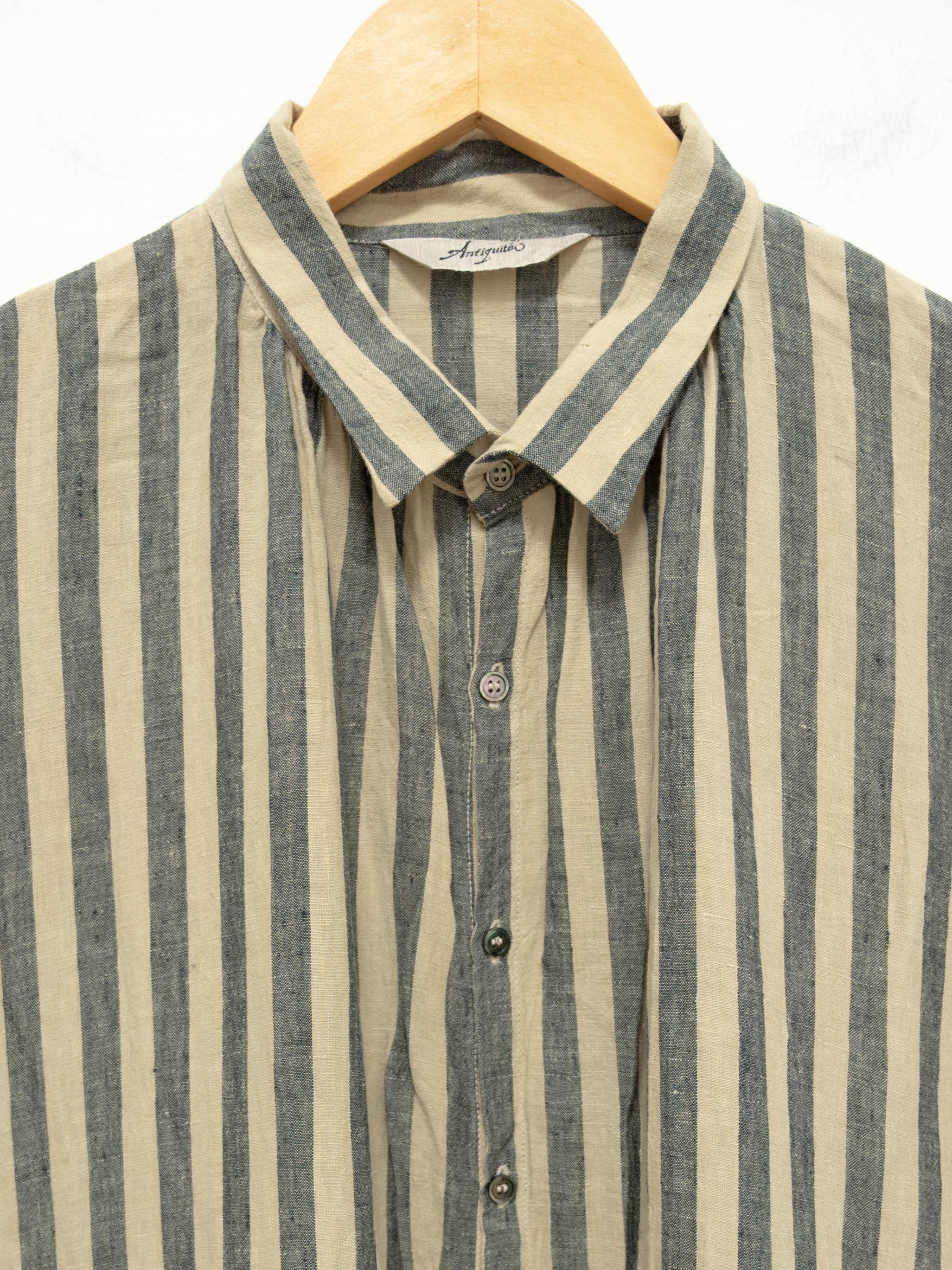 Namu Shop - Ichi Antiquites Linen Azumadaki Stripe Dress - Beige x Blue