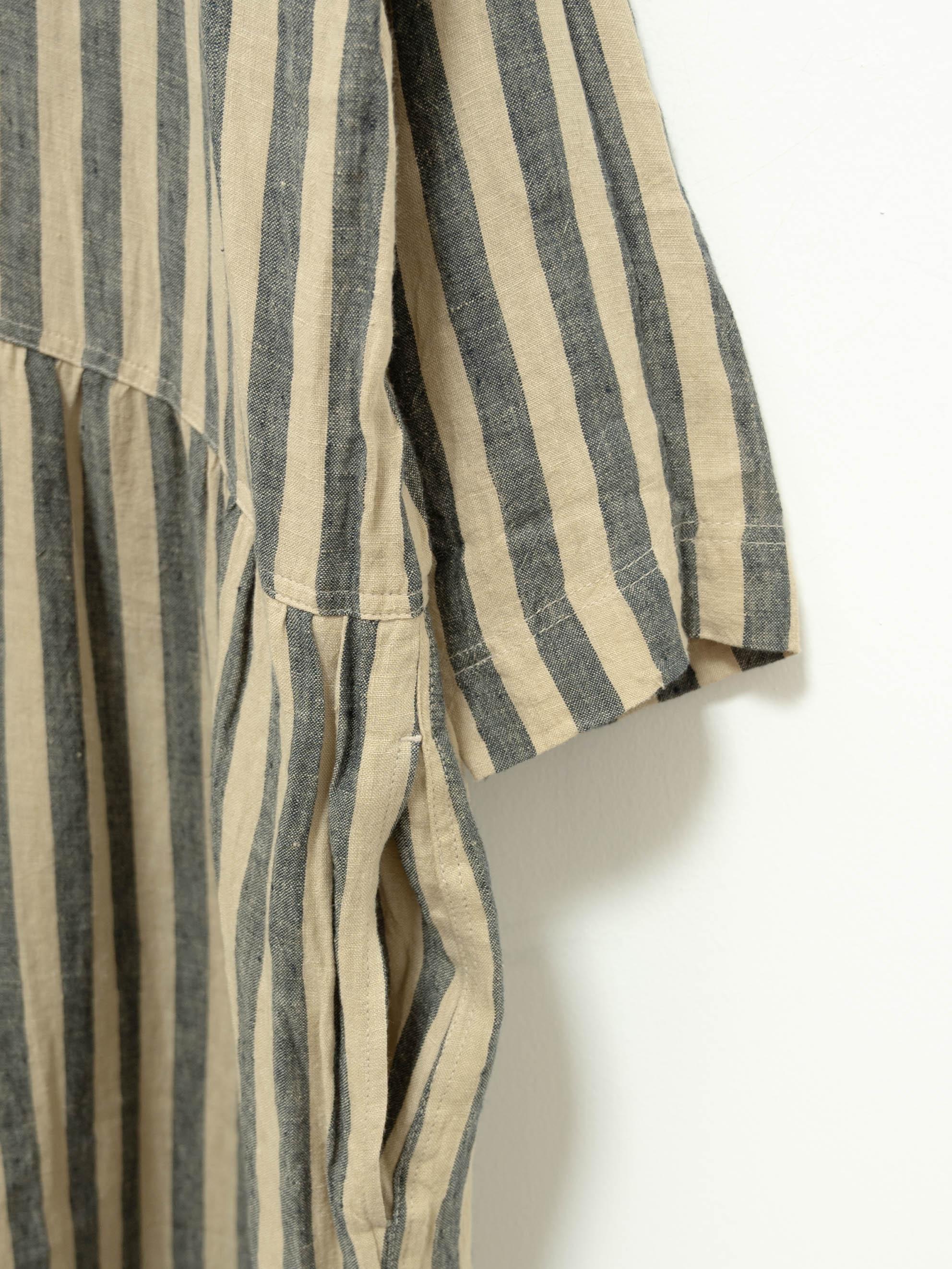 Namu Shop - Ichi Antiquites Linen Azumadaki Stripe Dress - Beige x Blue