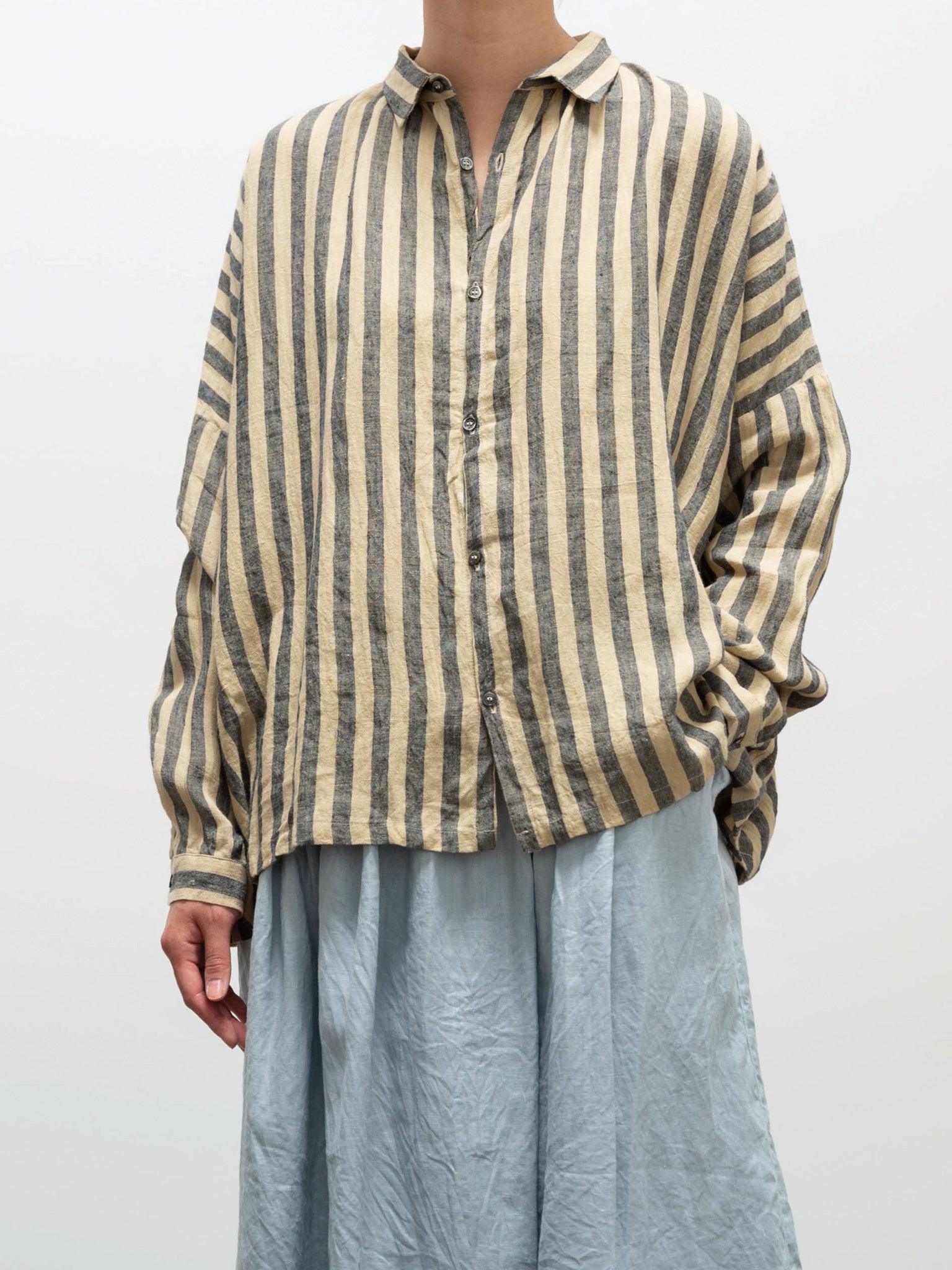 Namu Shop - Ichi Antiquites Linen Azumadaki Stripe Shirt - Beige x Blue