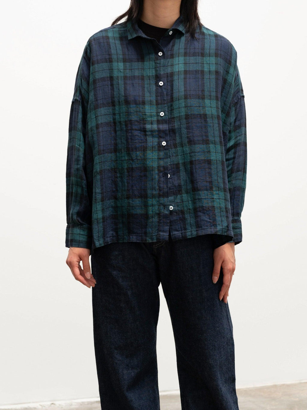 Namu Shop - Ichi Antiquites Linen BD Shirt - Blackwatch
