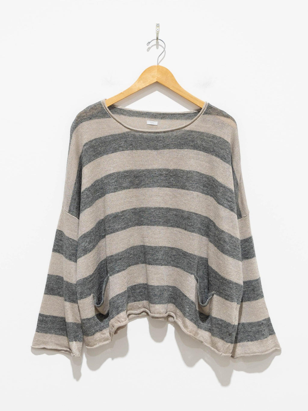 Namu Shop - Ichi Antiquites Linen Border Pocket Knit - Natural x Charcoal