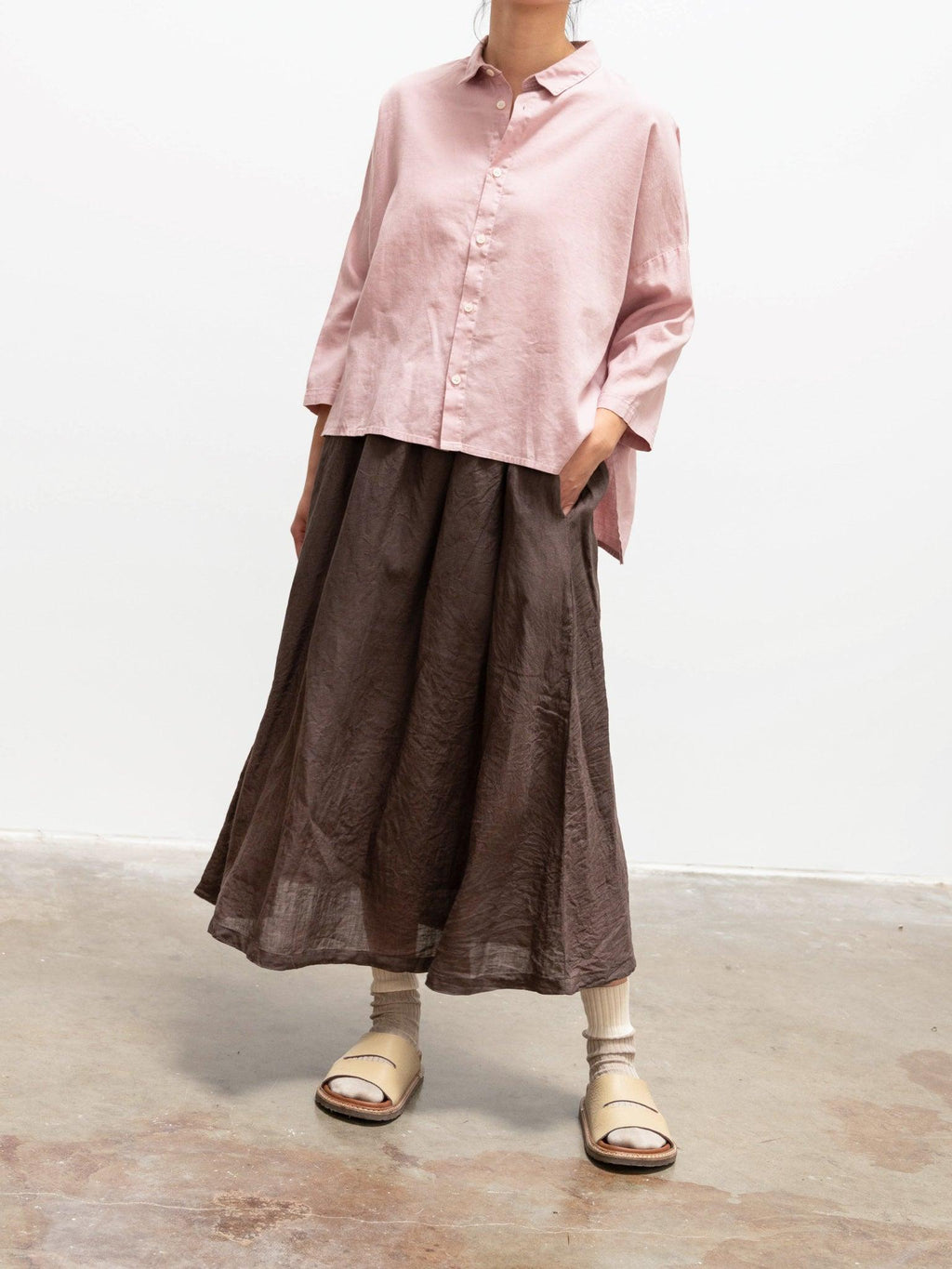 Namu Shop - Ichi Antiquites Linen Chambray Gather Skirt - Brown