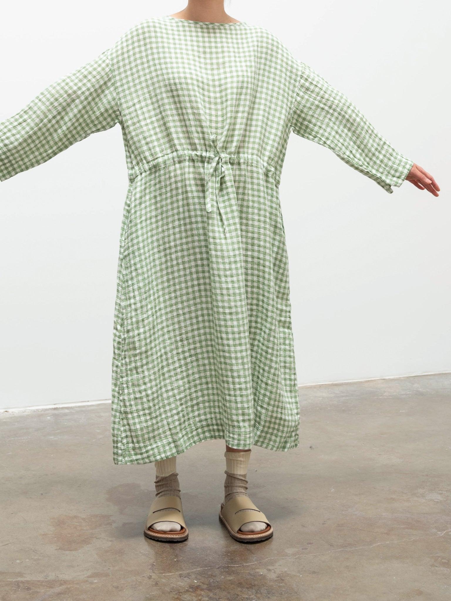 Linen Gingham Dress - White x Green Linen Gingham Dress - White x Green