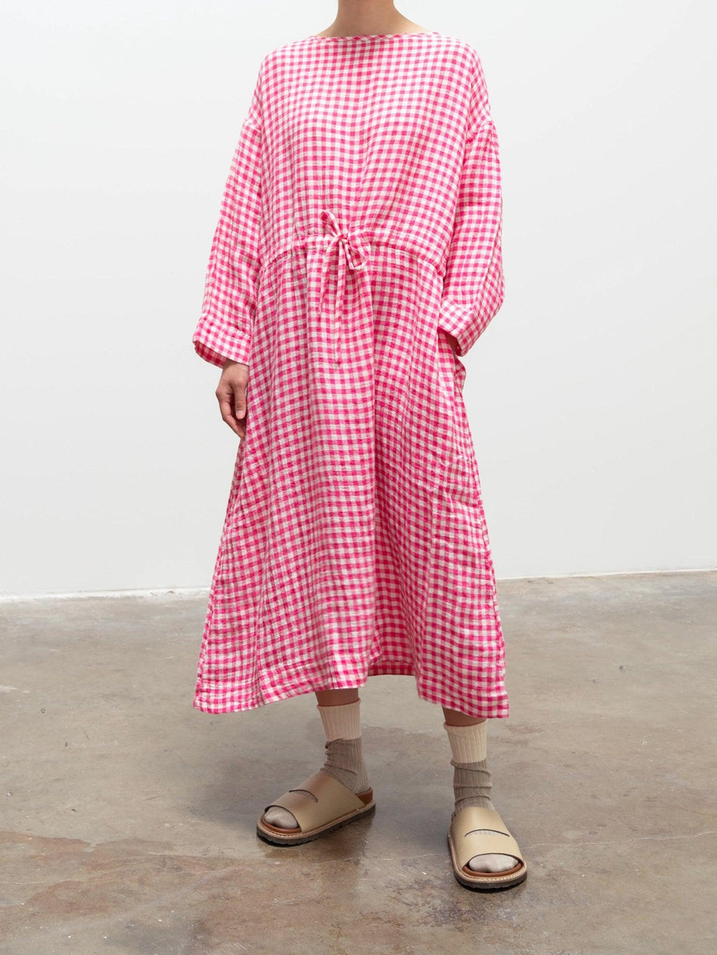 Namu Shop - Ichi Antiquites Linen Gingham Dress - White x Pink