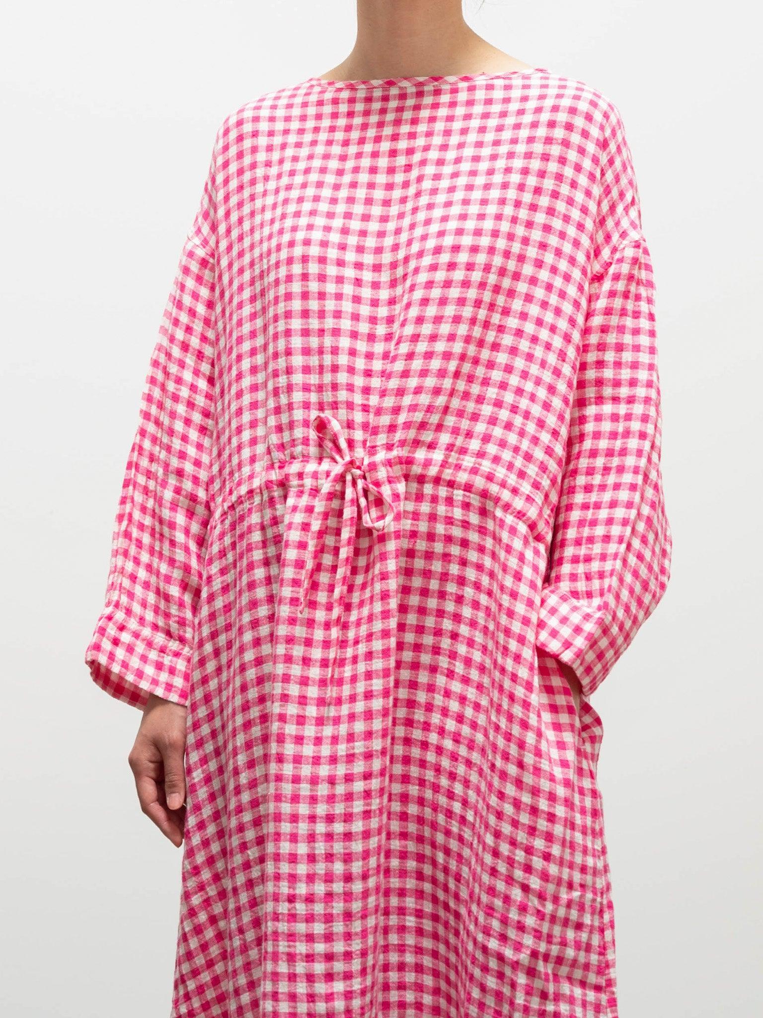 Namu Shop - Ichi Antiquites Linen Gingham Dress - White x Pink