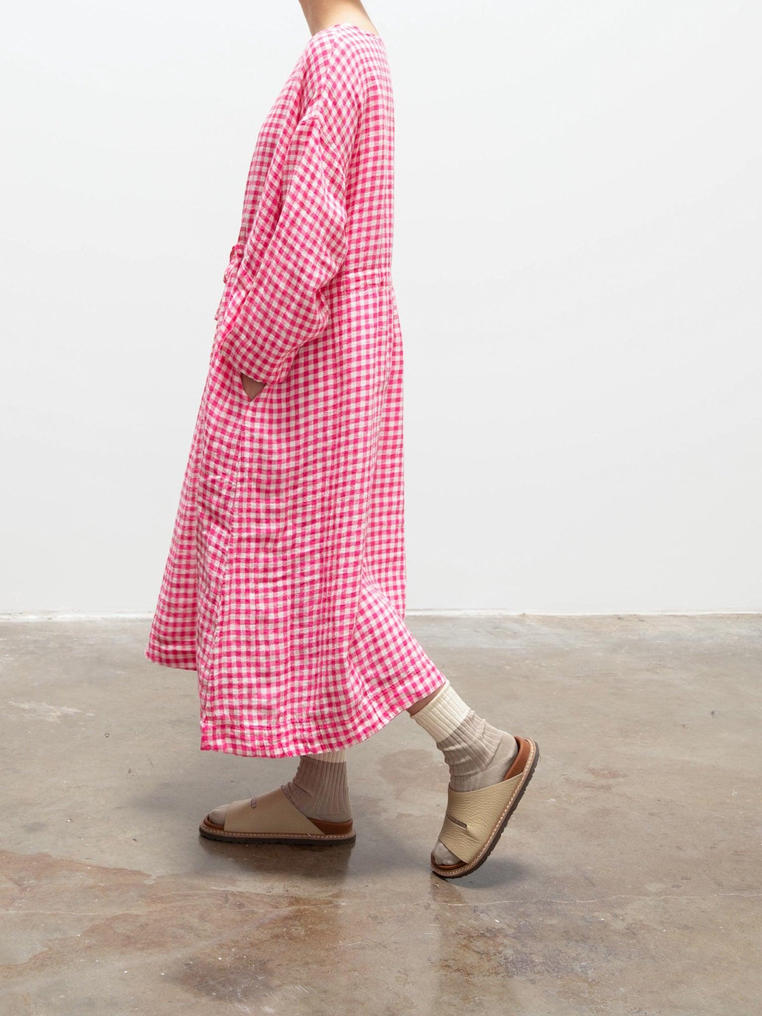 Namu Shop - Ichi Antiquites Linen Gingham Dress - White x Pink