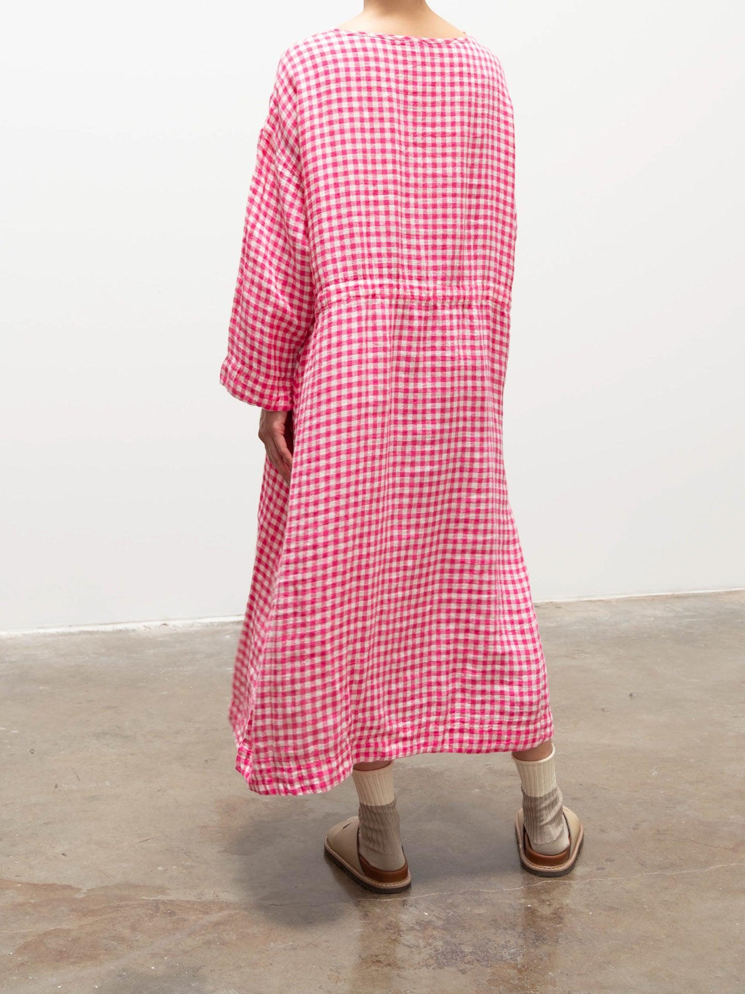 Namu Shop - Ichi Antiquites Linen Gingham Dress - White x Pink