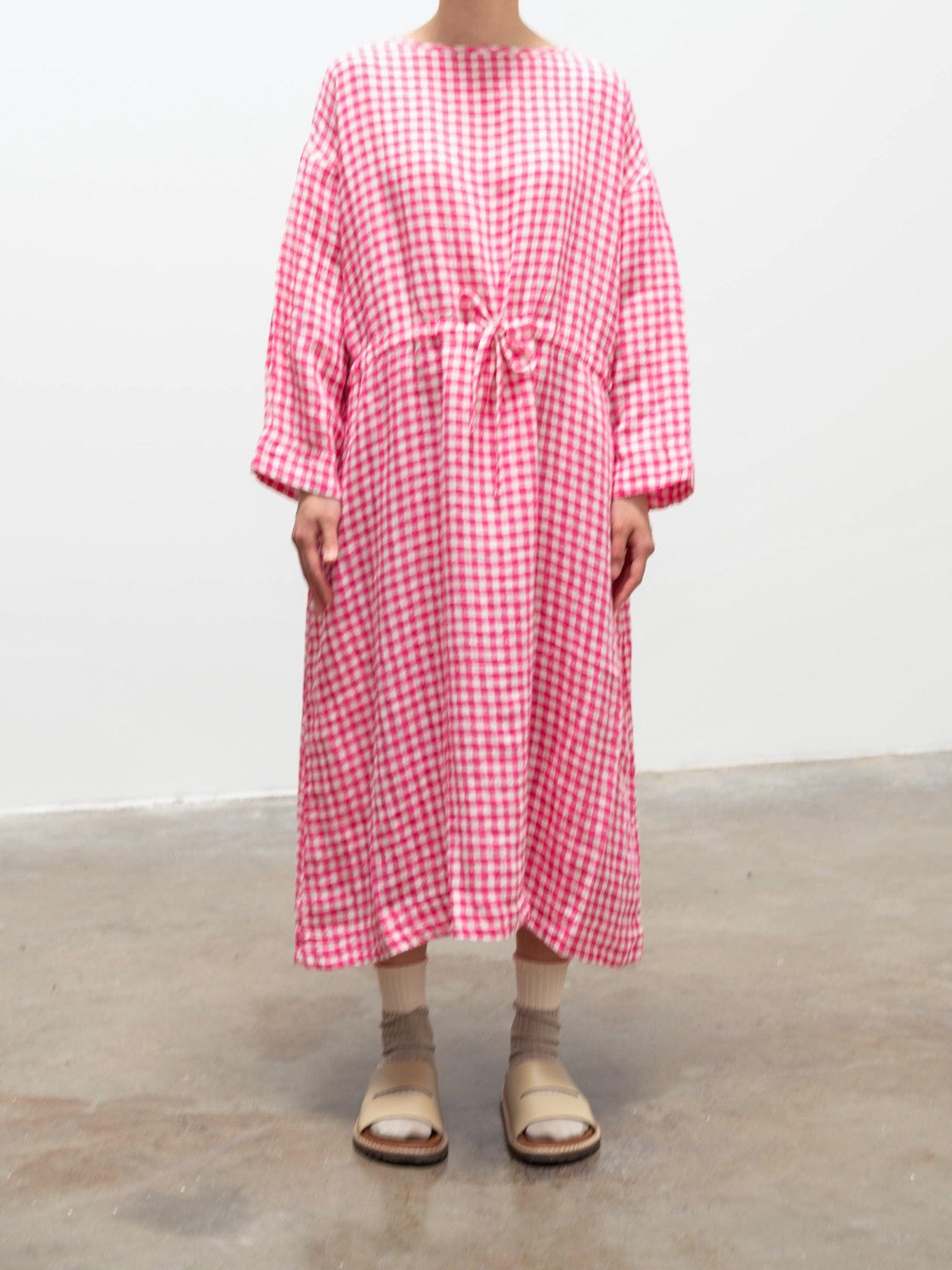 Namu Shop - Ichi Antiquites Linen Gingham Dress - White x Pink