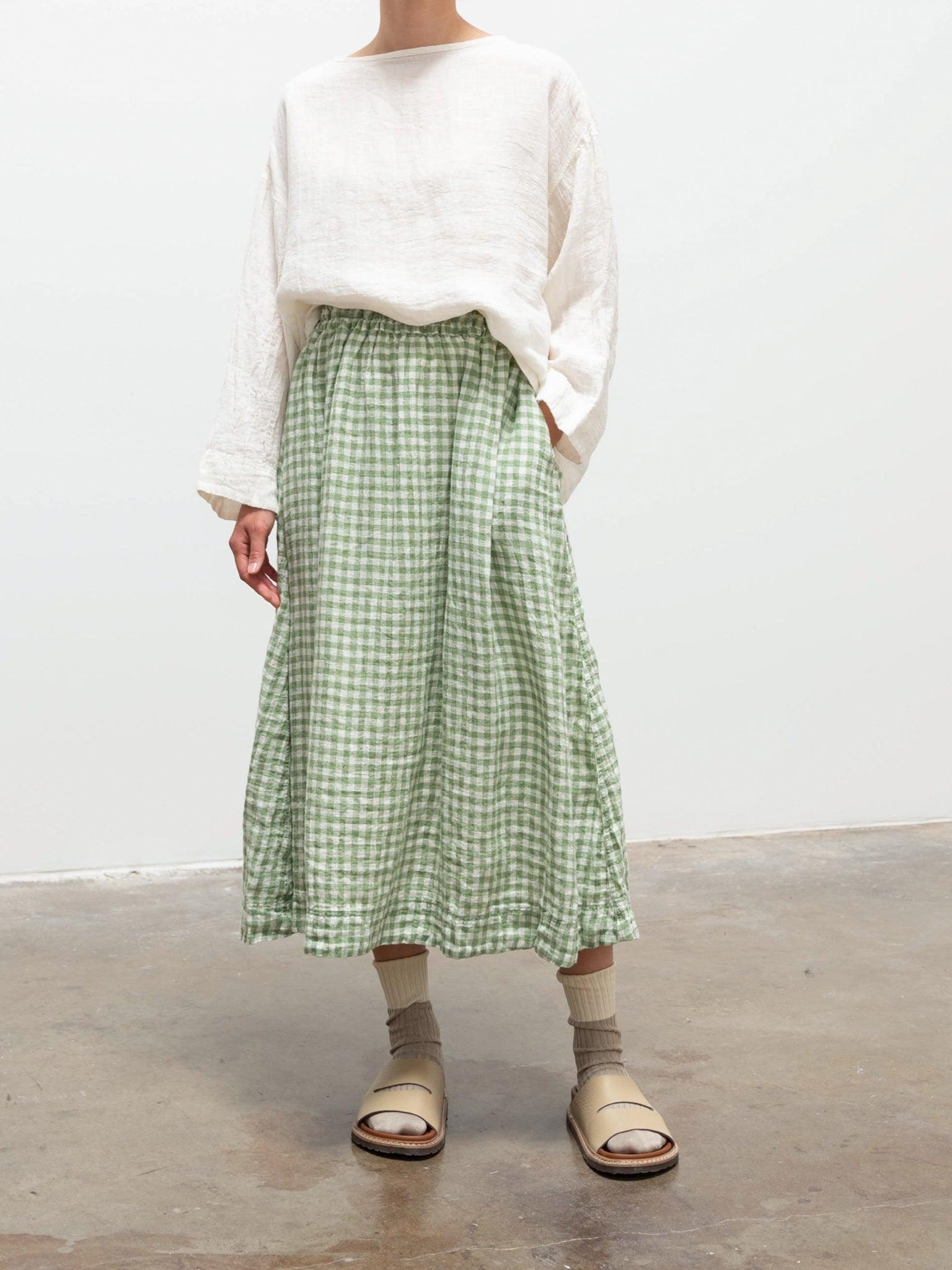 Namu Shop - Ichi Antiquites Linen Gingham Skirt - White x Green