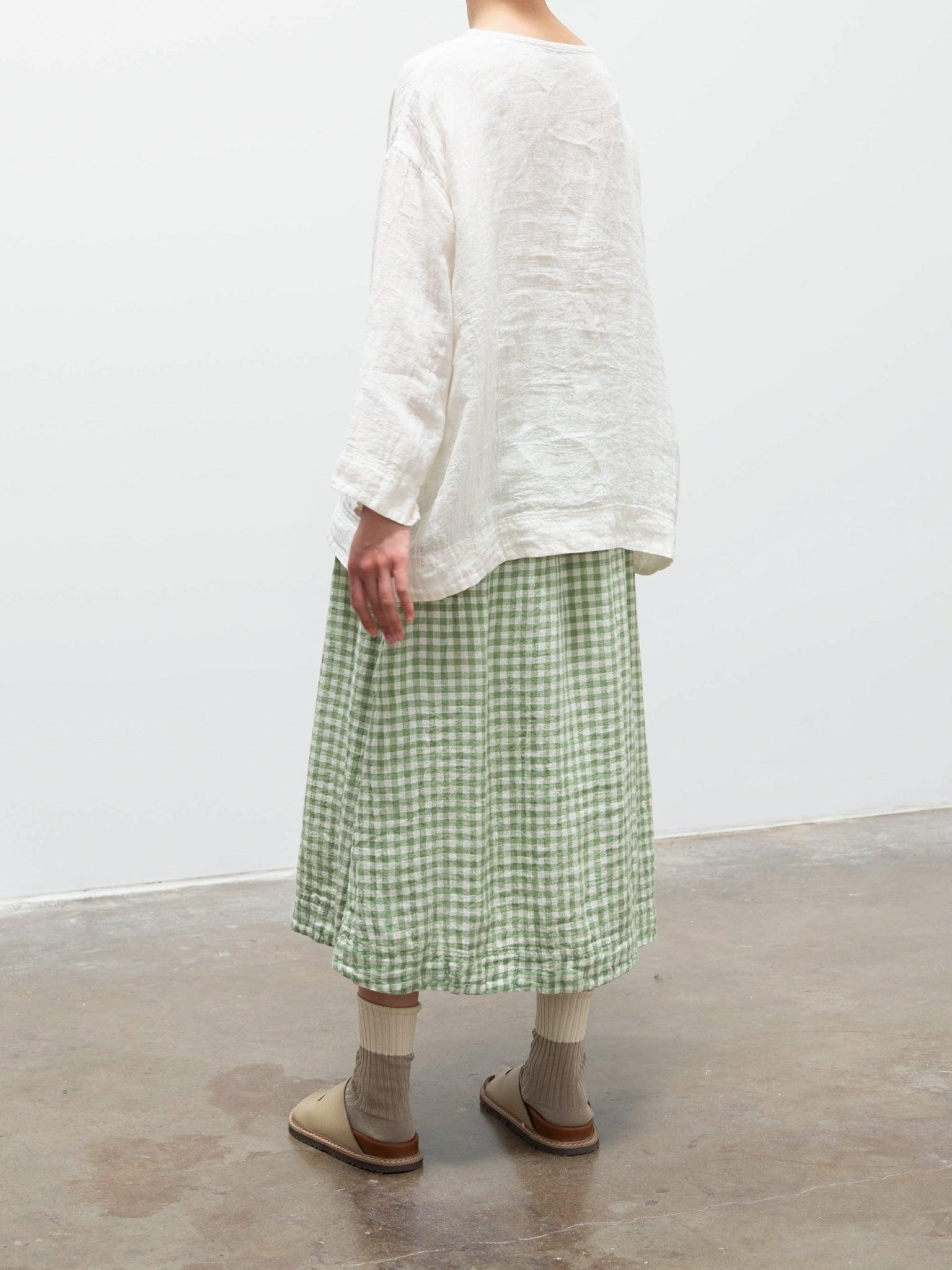 Namu Shop - Ichi Antiquites Linen Gingham Skirt - White x Green