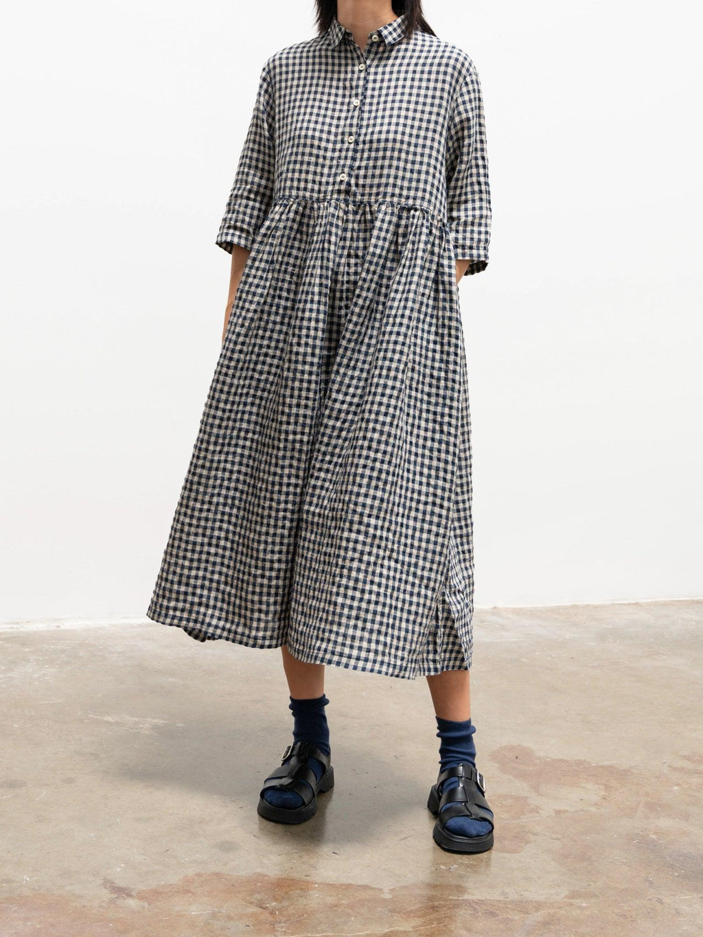 Namu Shop - Ichi Antiquites Linen Gingham SS Shirt Dress - Natural x Navy