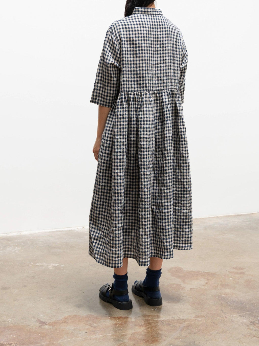 Namu Shop - Ichi Antiquites Linen Gingham SS Shirt Dress - Natural x Navy