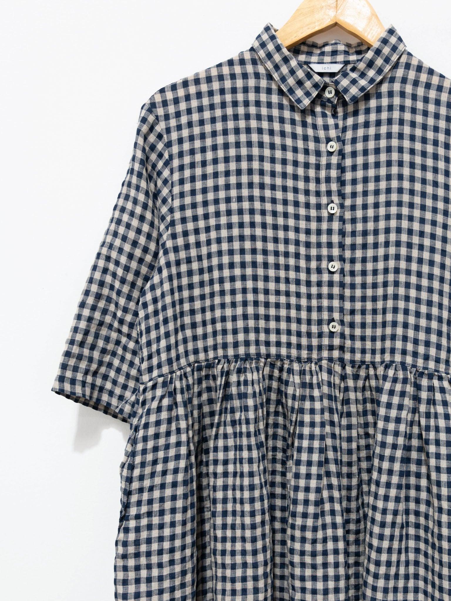 Namu Shop - Ichi Antiquites Linen Gingham SS Shirt Dress - Natural x Navy