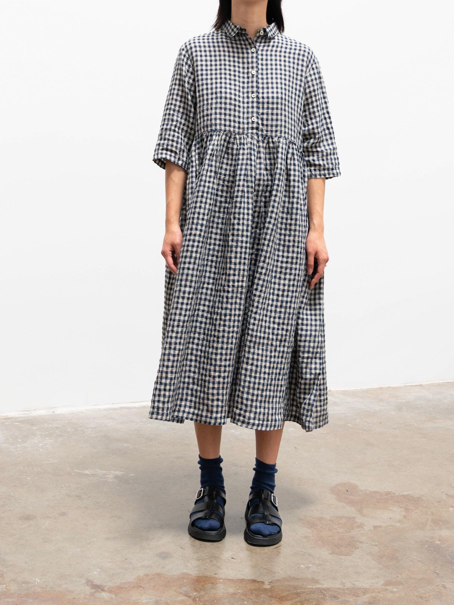 Linen Gingham SS Shirt Dress - Natural x Navy Linen Gingham SS Shirt Dress - Natural x Navy