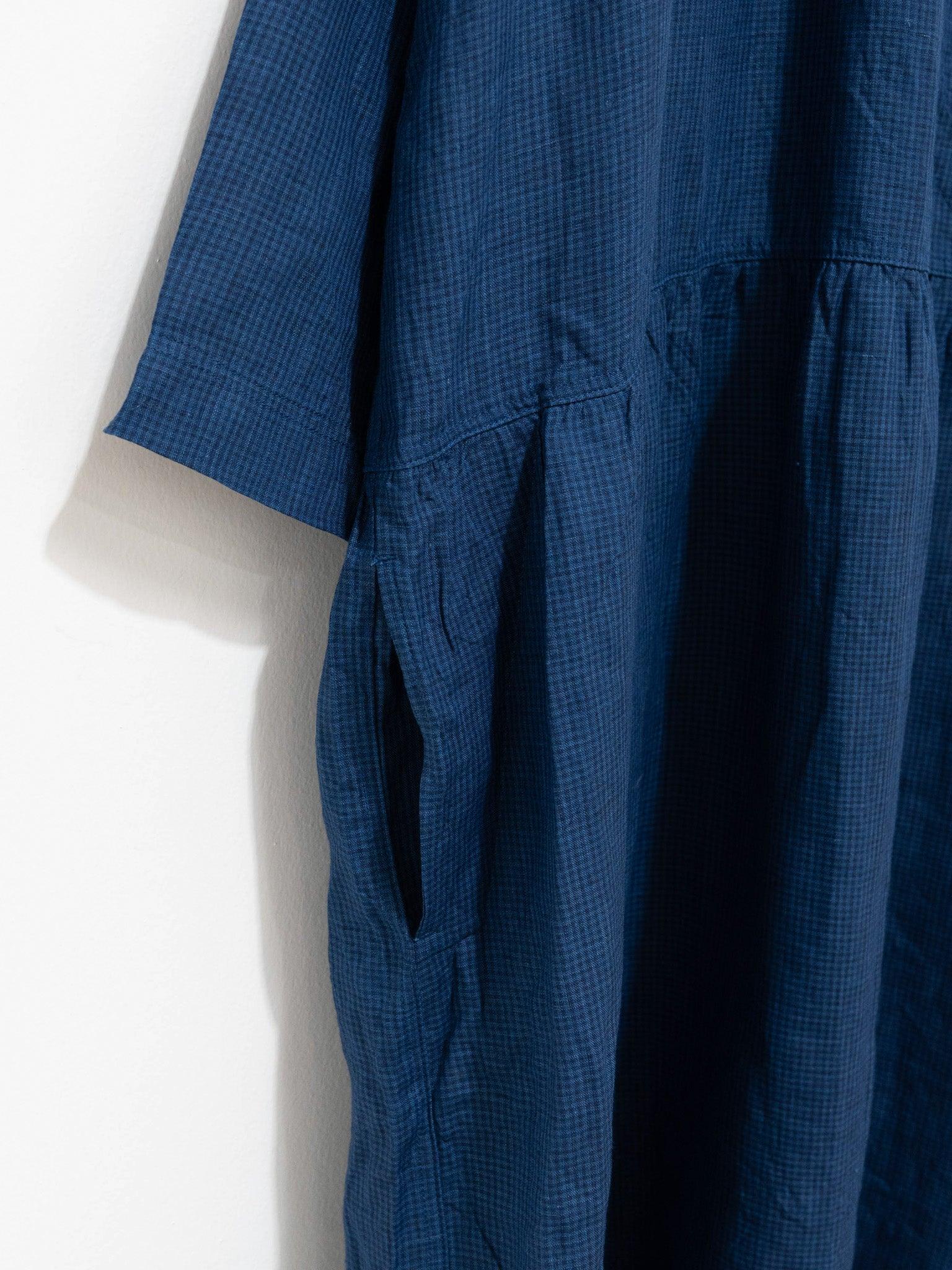 Namu Shop - Ichi Antiquites Linen Indigo Gingham Shirt Dress