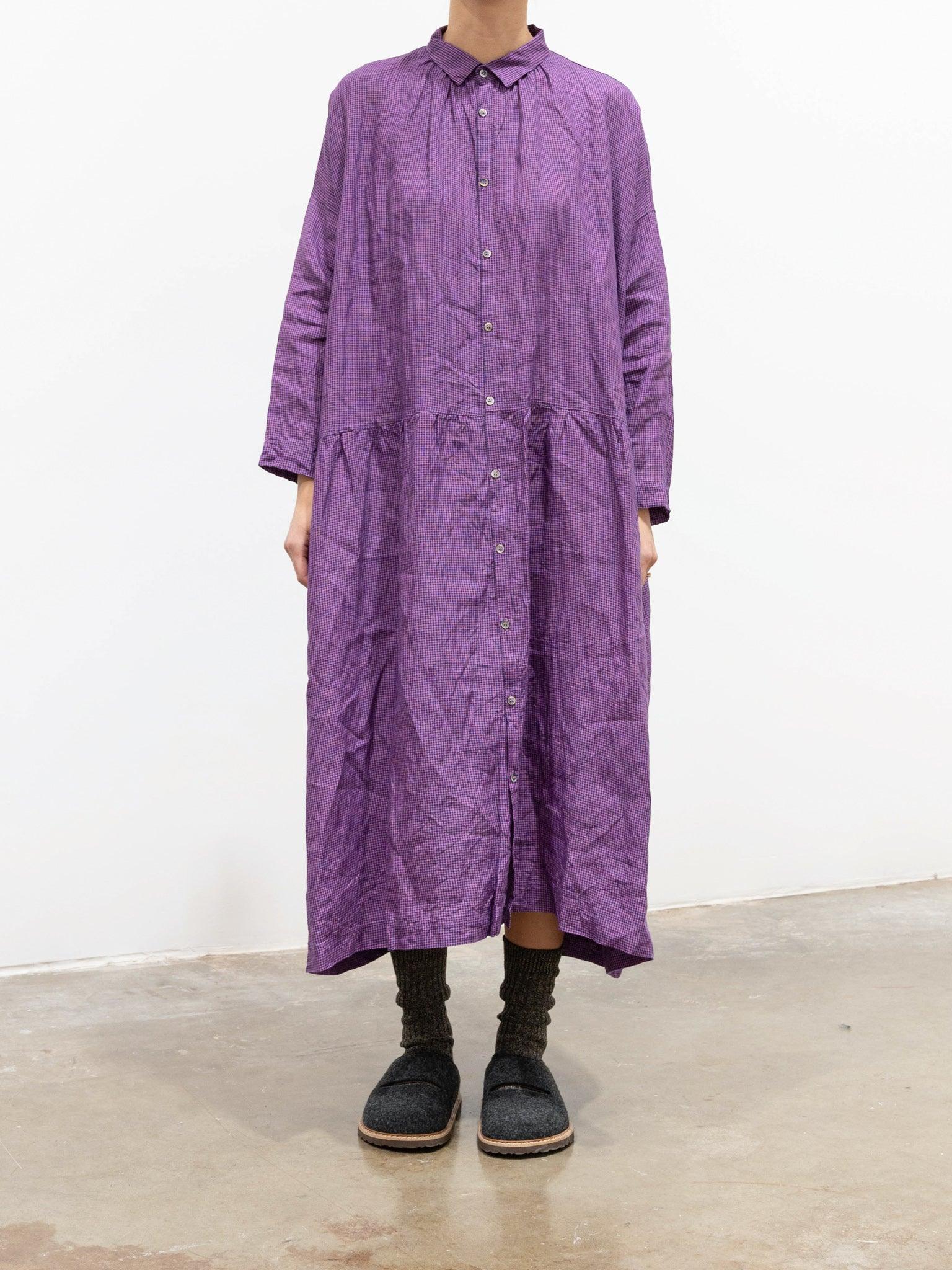 Namu Shop - Ichi Antiquites Linen Indigo Gingham Shirt Dress - Indigo x Blue