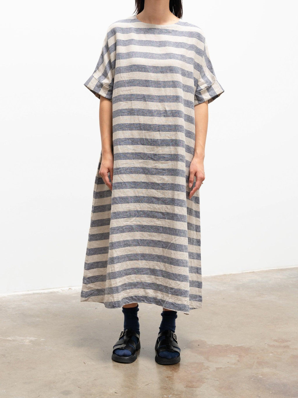Namu Shop - Ichi Antiquites Linen Silk Border Dress - Natural x Navy