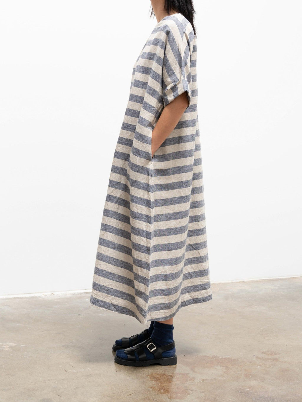 Namu Shop - Ichi Antiquites Linen Silk Border Dress - Natural x Navy