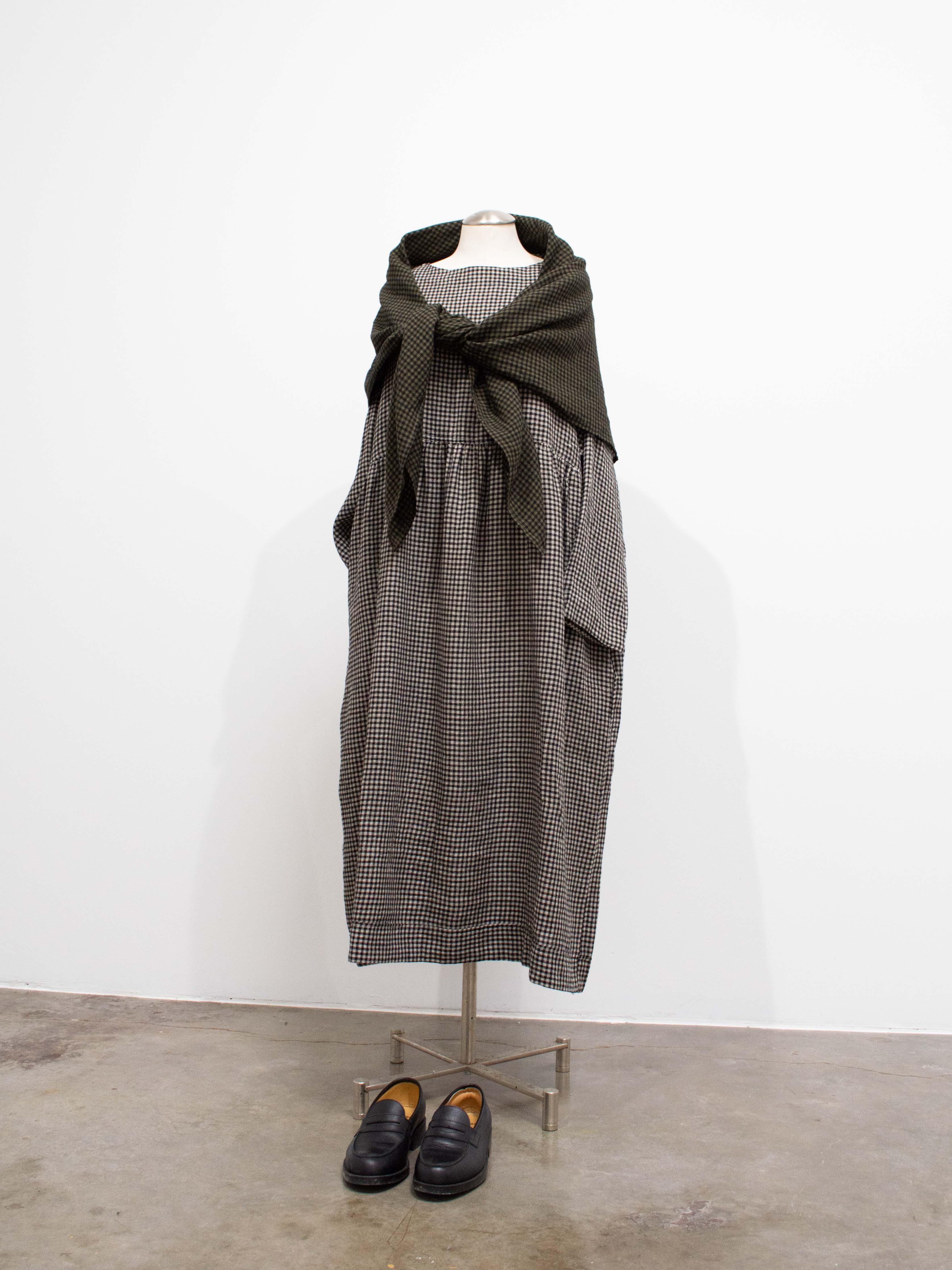 Namu Shop - Ichi Antiquites Wool Linen Gingham Stole - Olive x Black