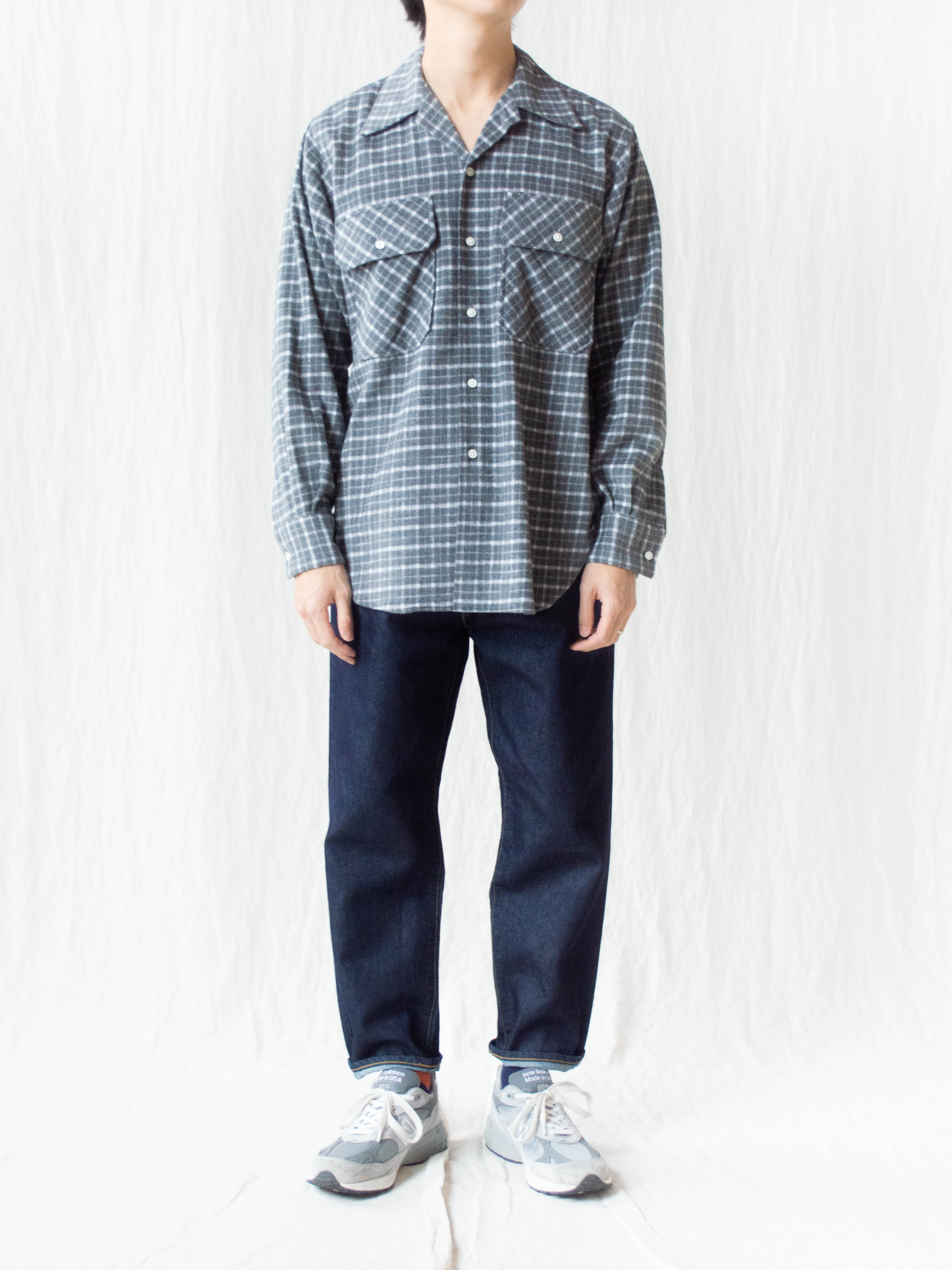 Namu Shop - Kaptain Sunshine Brushed Flannel Open Collar Shirt - Gray Plaid