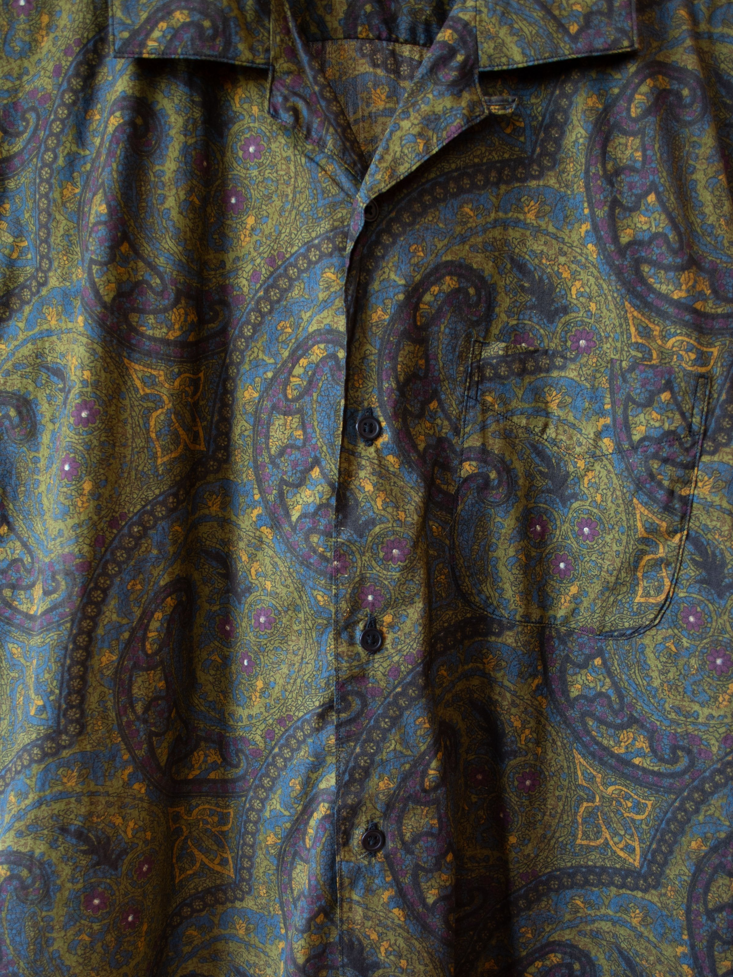 Namu Shop - Kaptain Sunshine Open Collar S/S Shirt - Hand Printed Dark Paisley