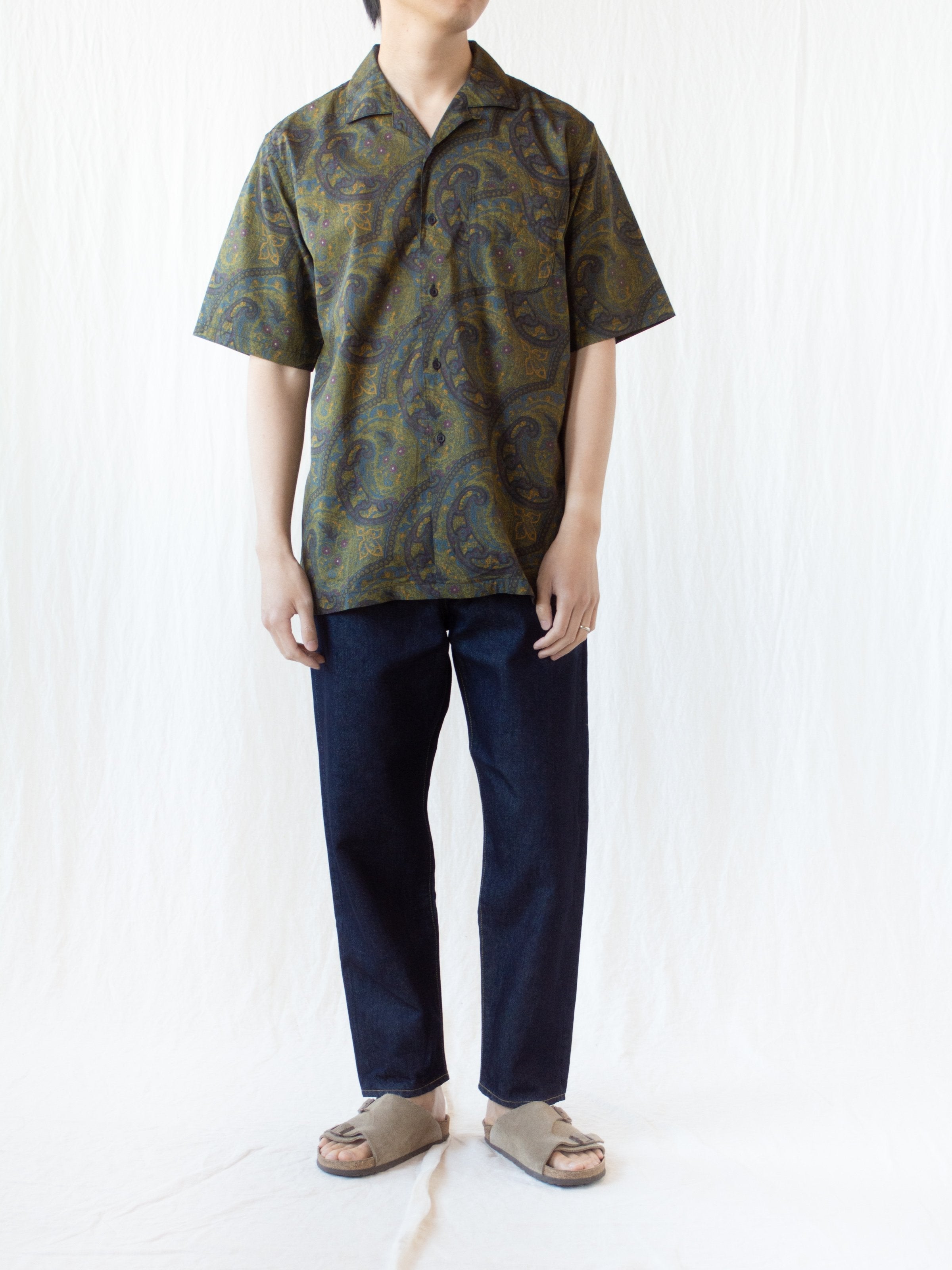 Namu Shop - Kaptain Sunshine Open Collar S/S Shirt - Hand Printed Dark Paisley