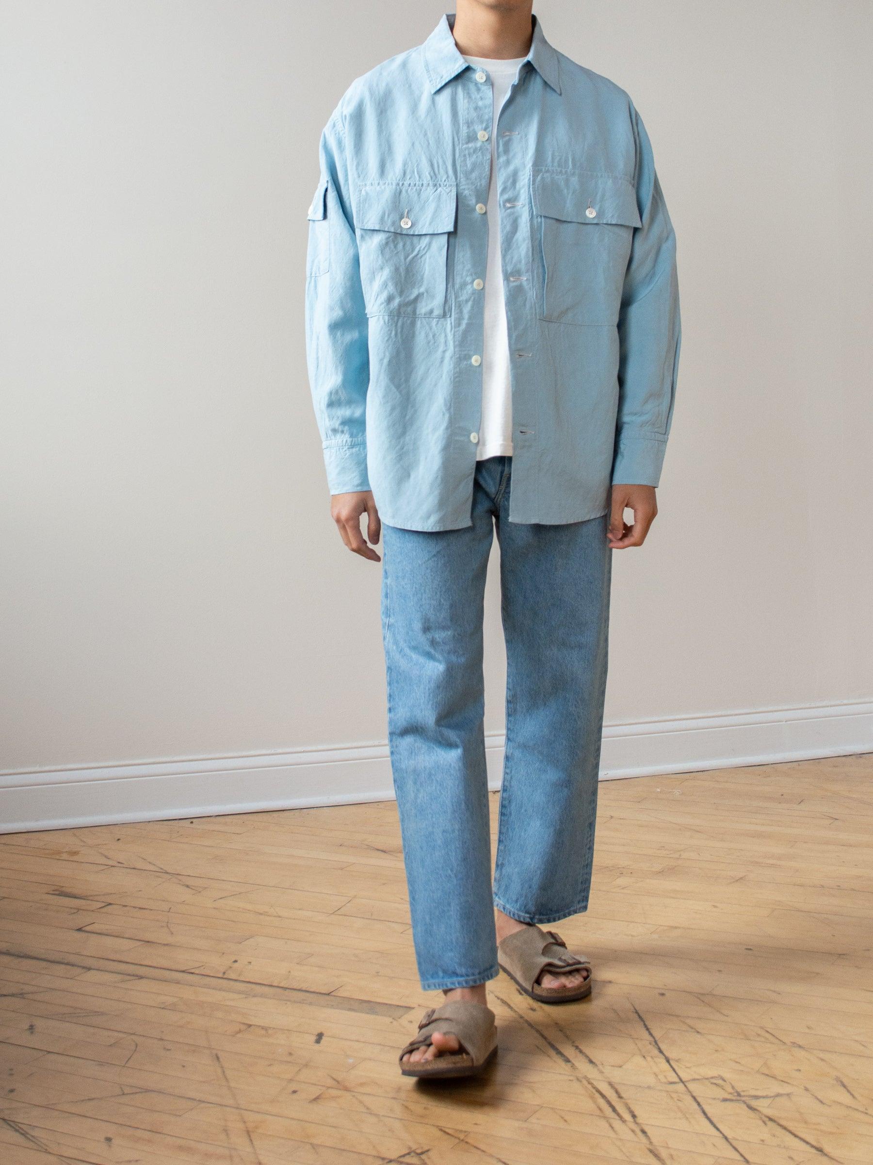 Namu Shop - Kaptain Sunshine Washed Silk Linen Field Shirt Jacket - Saxe Blue
