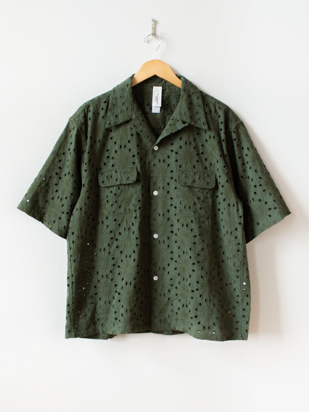 Namu Shop - Niche Flower Lace S/S Open Collar Shirt - Green
