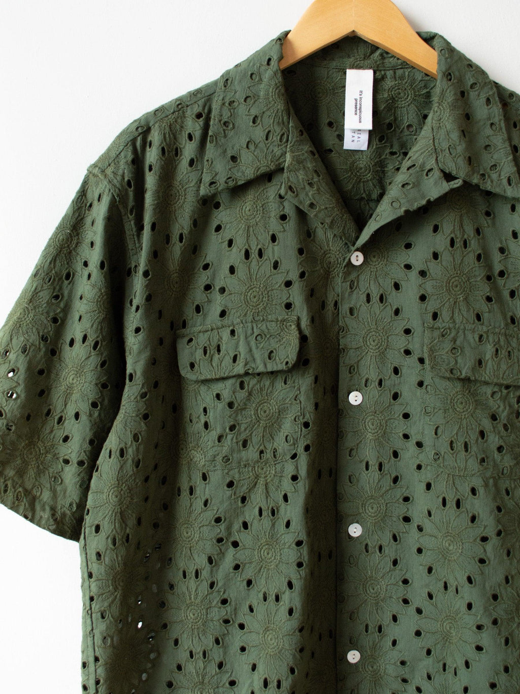 Namu Shop - Niche Flower Lace S/S Open Collar Shirt - Green