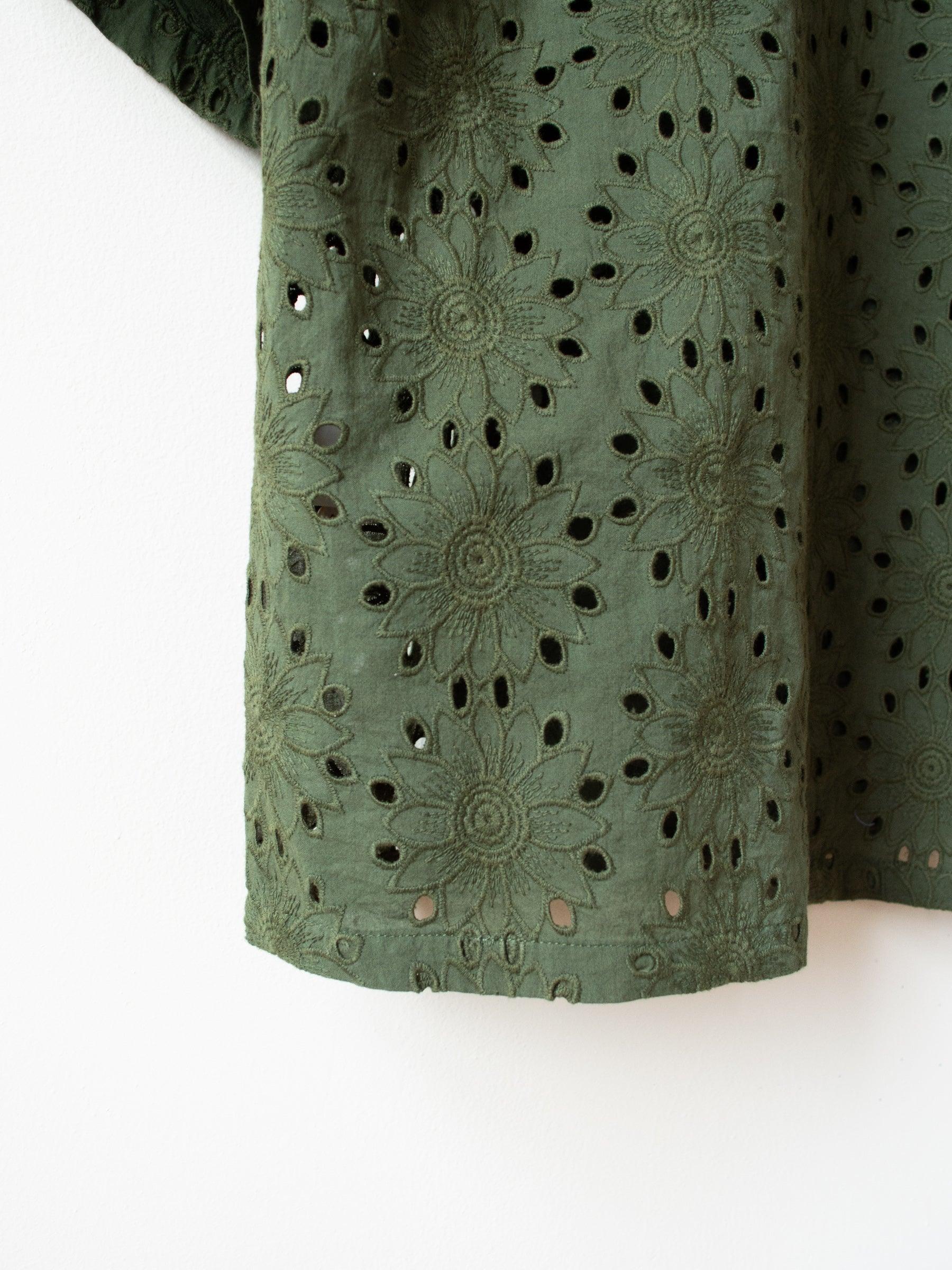 Namu Shop - Niche Flower Lace S/S Open Collar Shirt - Green