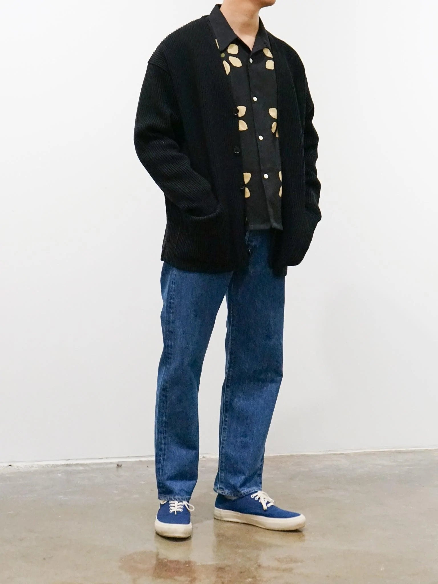 Twill Flower Cut Work Open Collar Shirt - Black