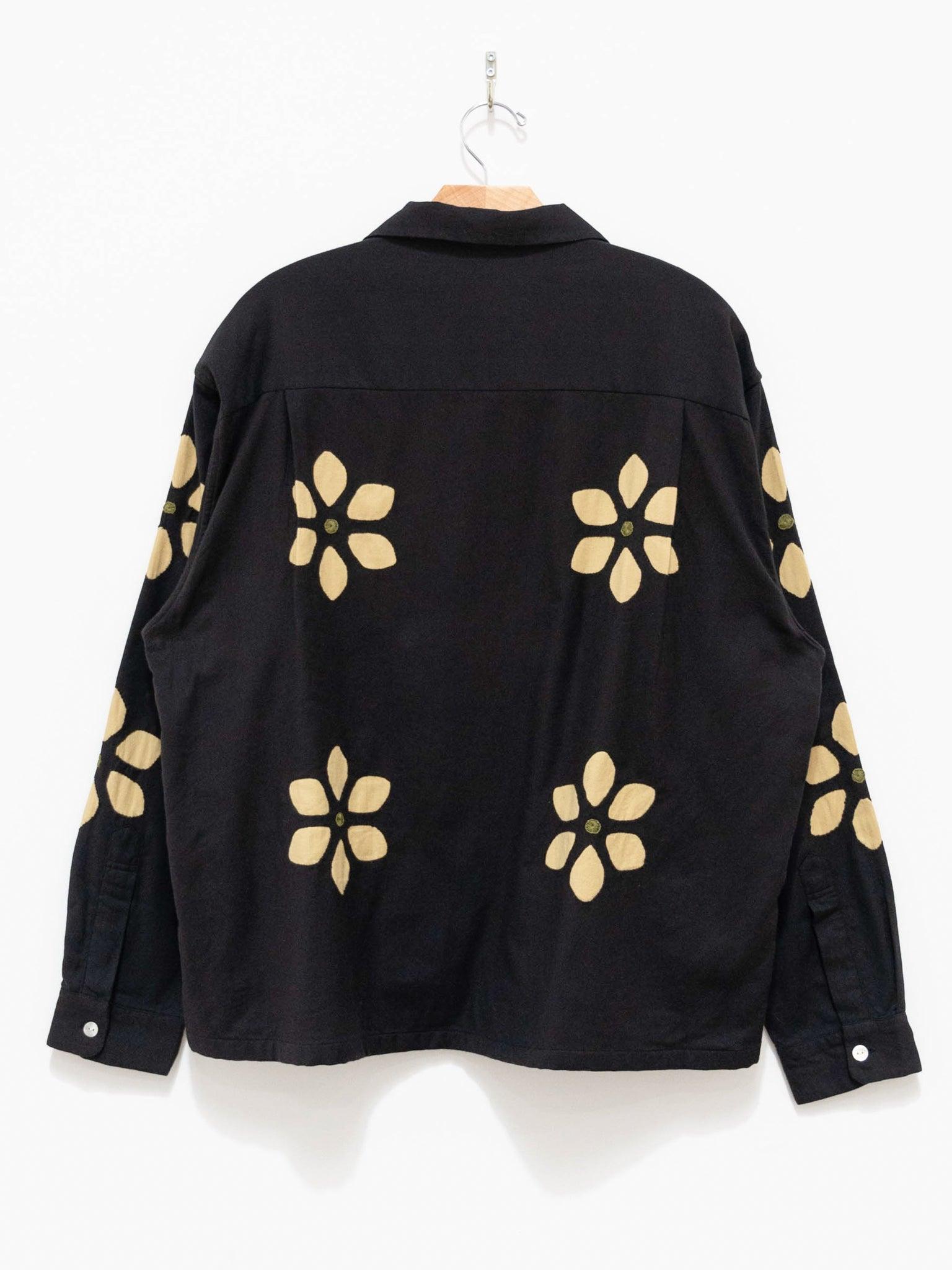 Namu Shop - Niche Twill Flower Cut Work Open Collar Shirt - Black