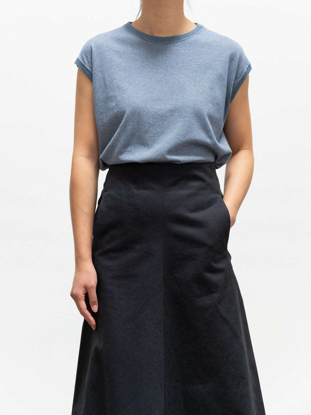 Namu Shop - Phlannel Cotton Linen Links Border Sleeveless T-Shirt - Blue