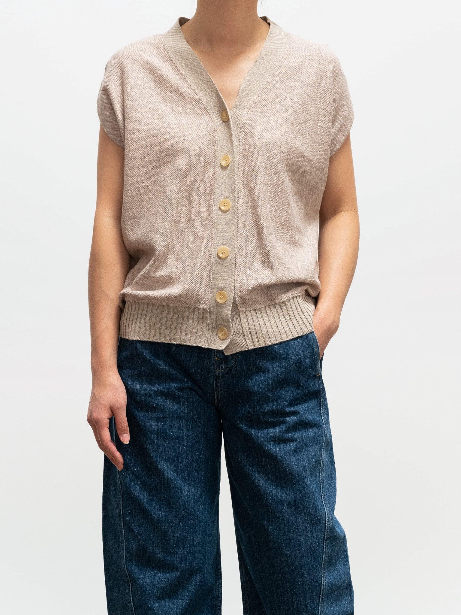 Namu Shop - Phlannel Cotton Linen Seed Stitch French Sleeve Cardigan - Beige