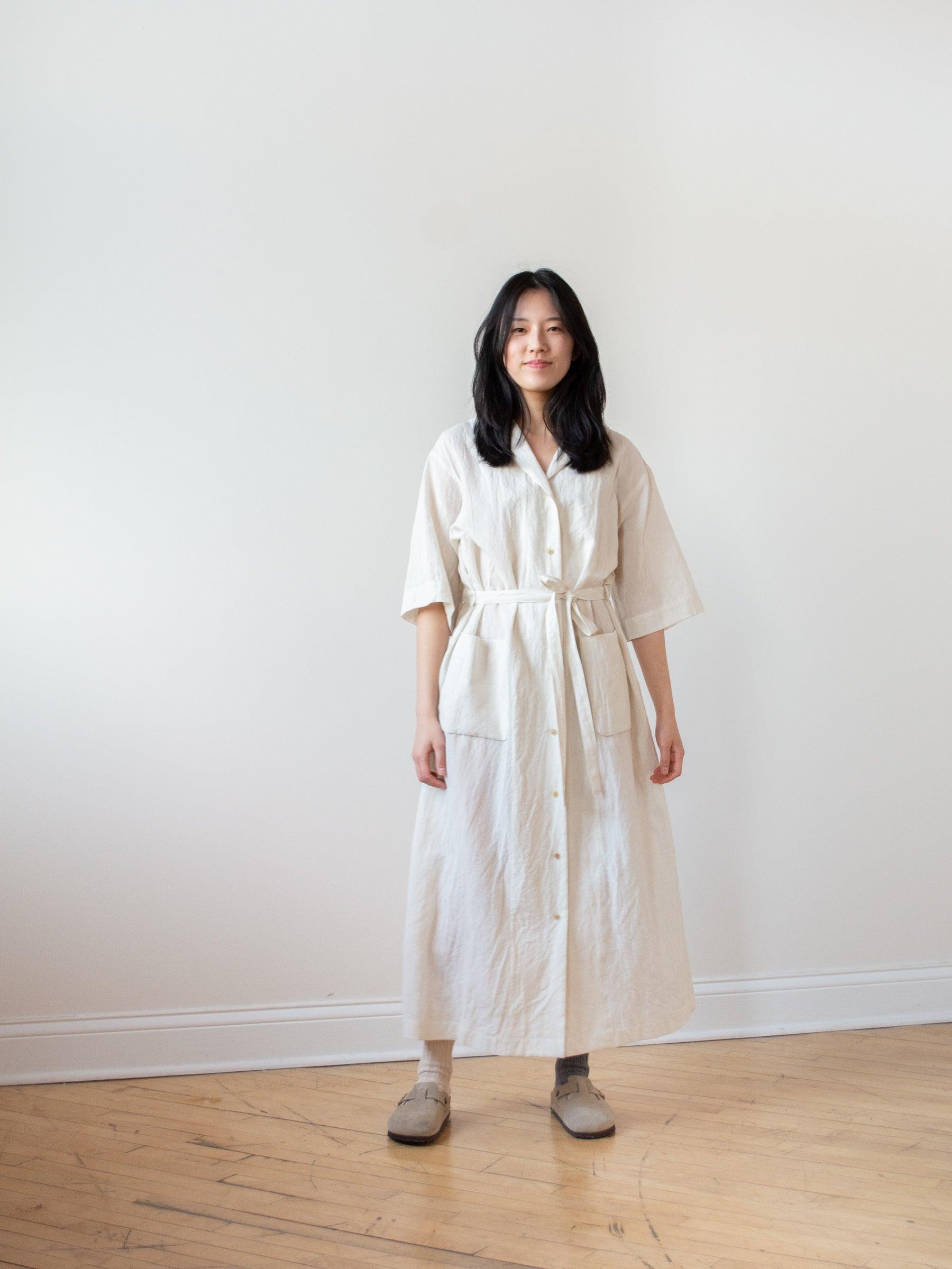Namu Shop - Phlannel Cotton Linen Voile Open Collared Dress - Ivory